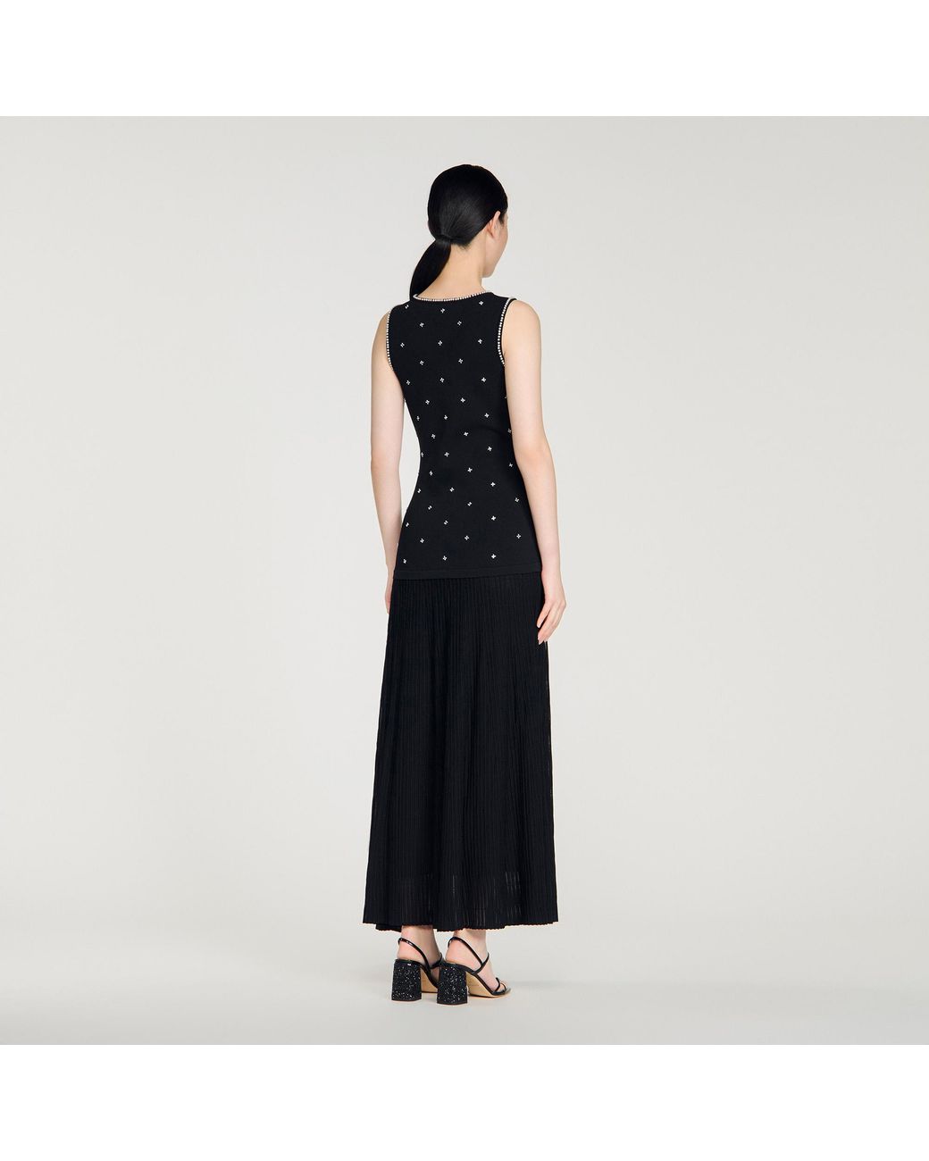 Sandro Black Rhinestone Flower Print Maxi Dress