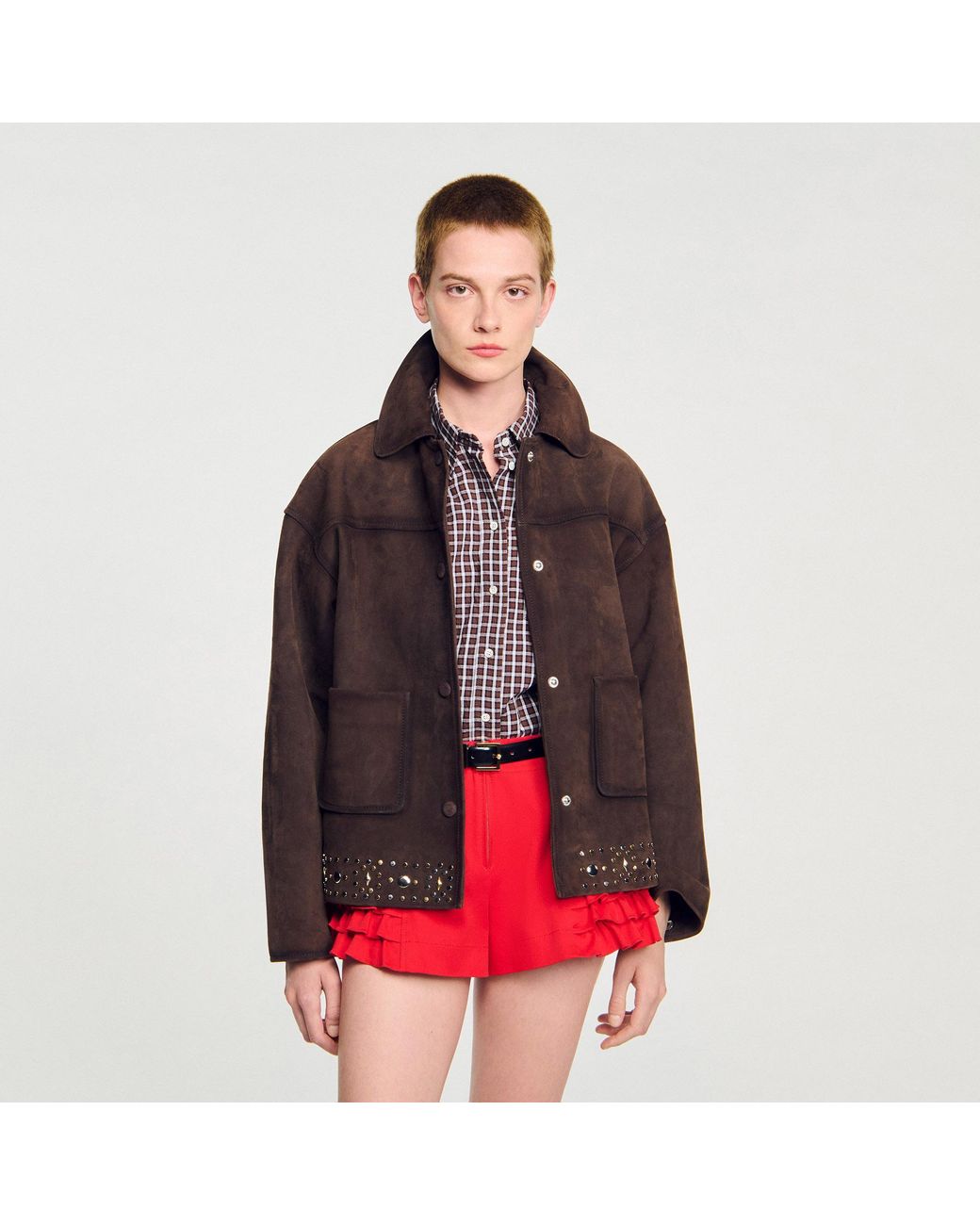 Sandro Red Studded Suede Leather Jacket
