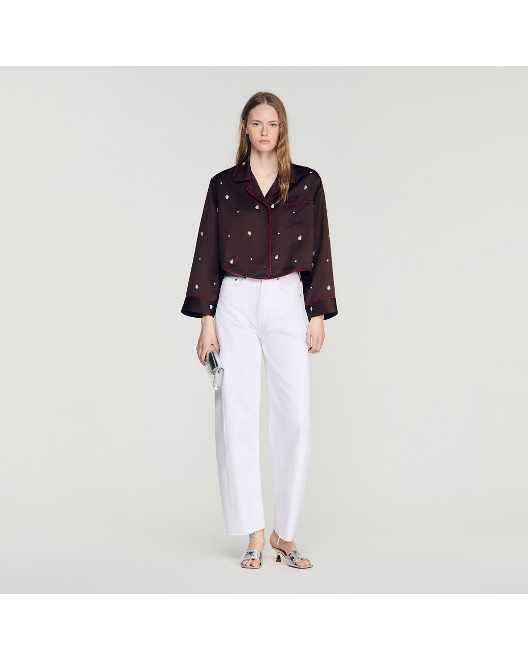 Sandro White Shirt With Beads And Rhinestones