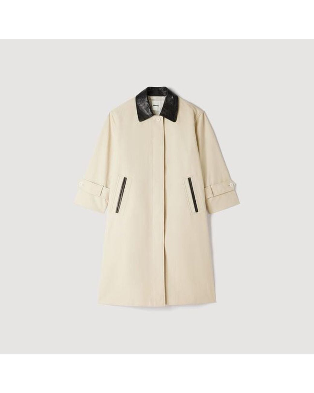 Sandro Natural Long Coat With Leather Collar
