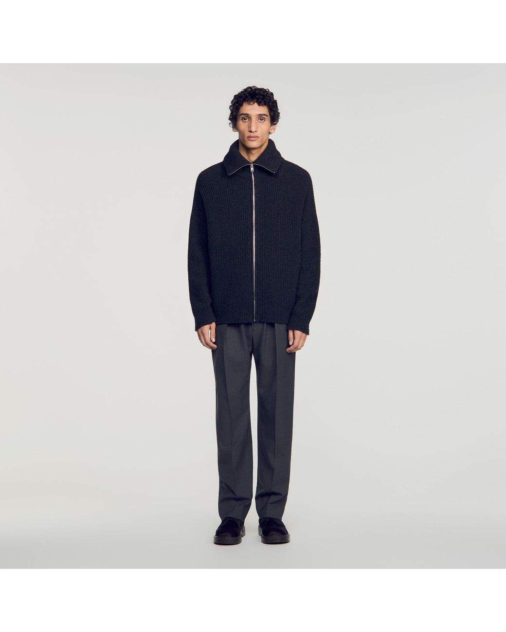 Sandro Blue Textured Wool Zip-Up Cardigan for men
