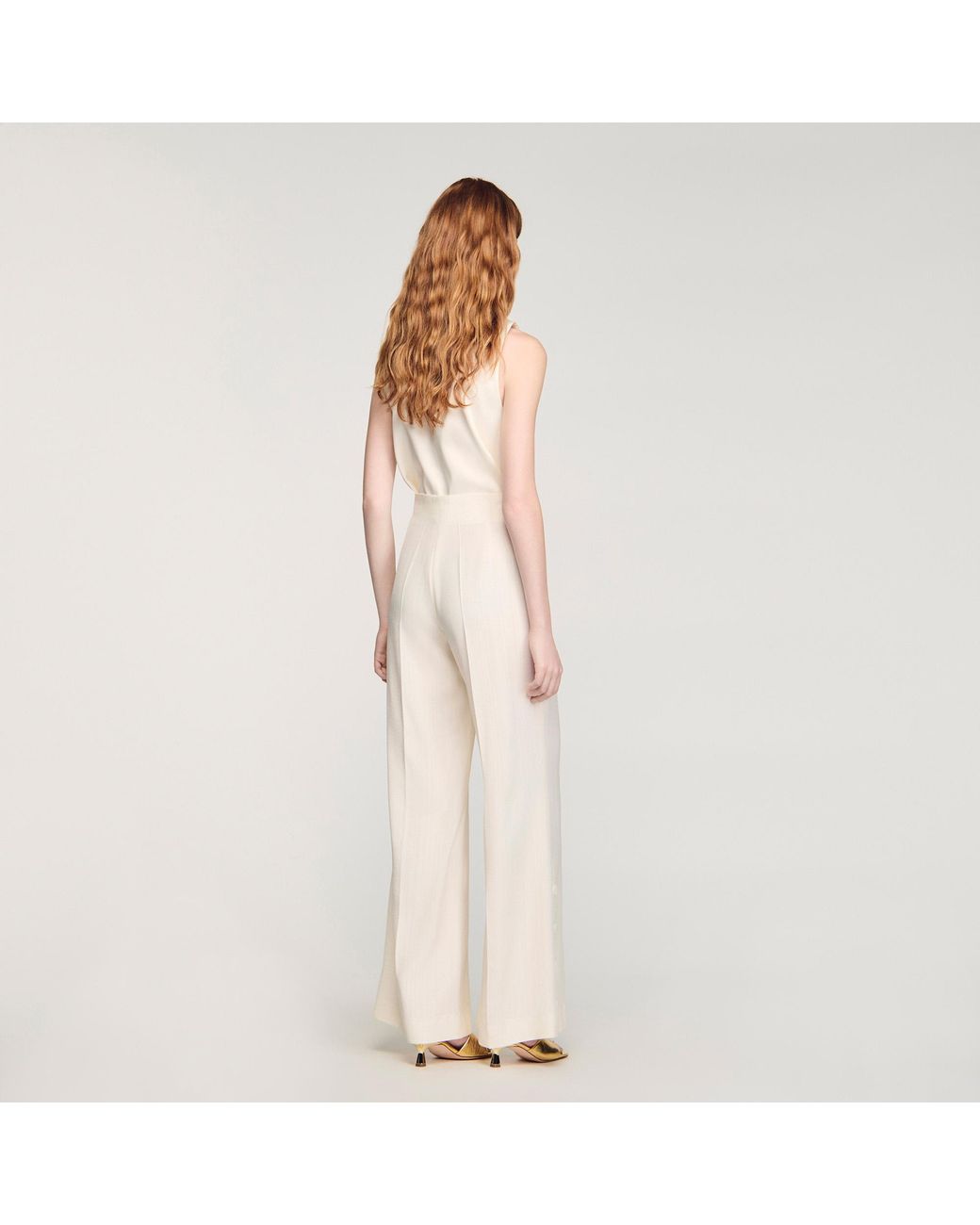 Sandro Natural Buttoned-Slit Straight-Leg Trousers