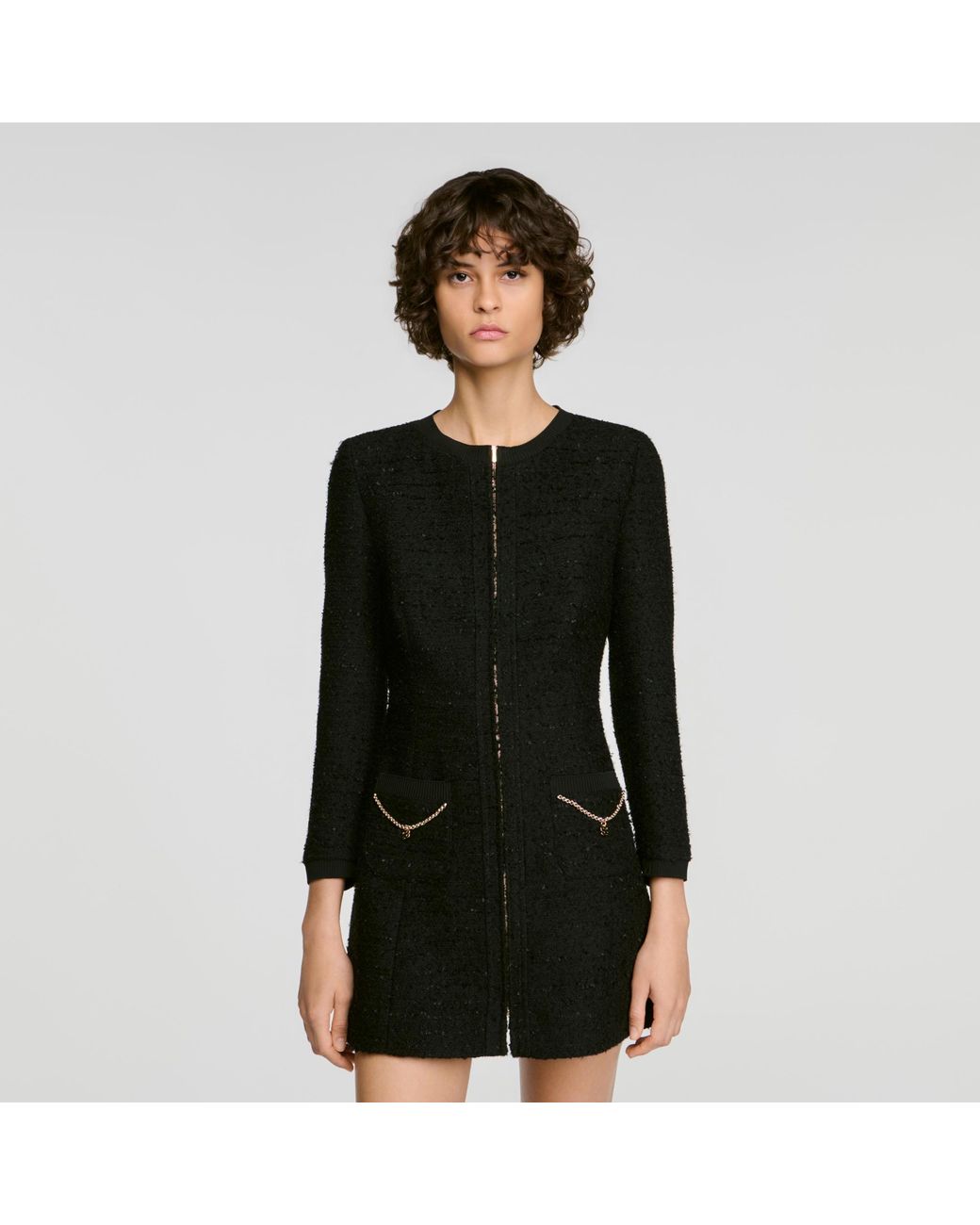 Sandro Black Tweed Dress With Metal Chain