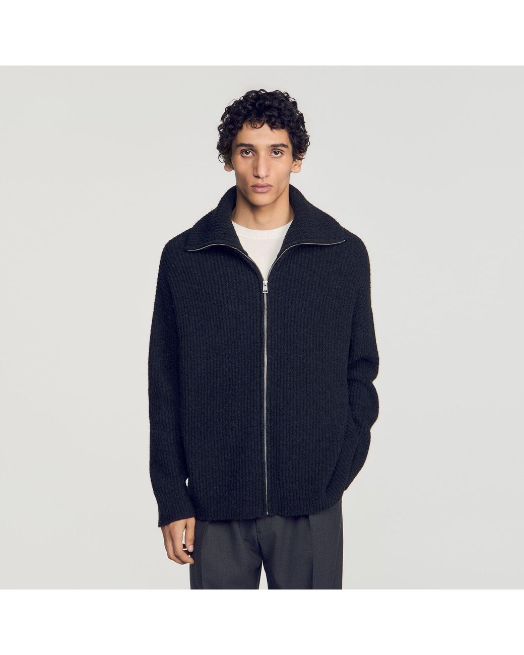 Sandro Blue Textured Wool Zip-Up Cardigan for men