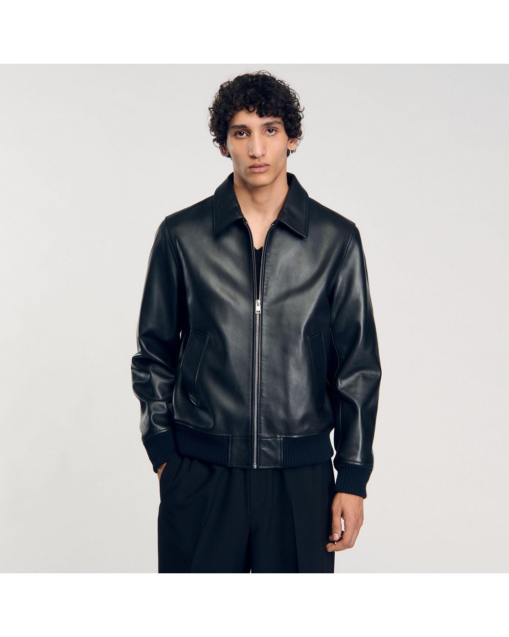 Sandro Blue Plain Leather Jacket for men