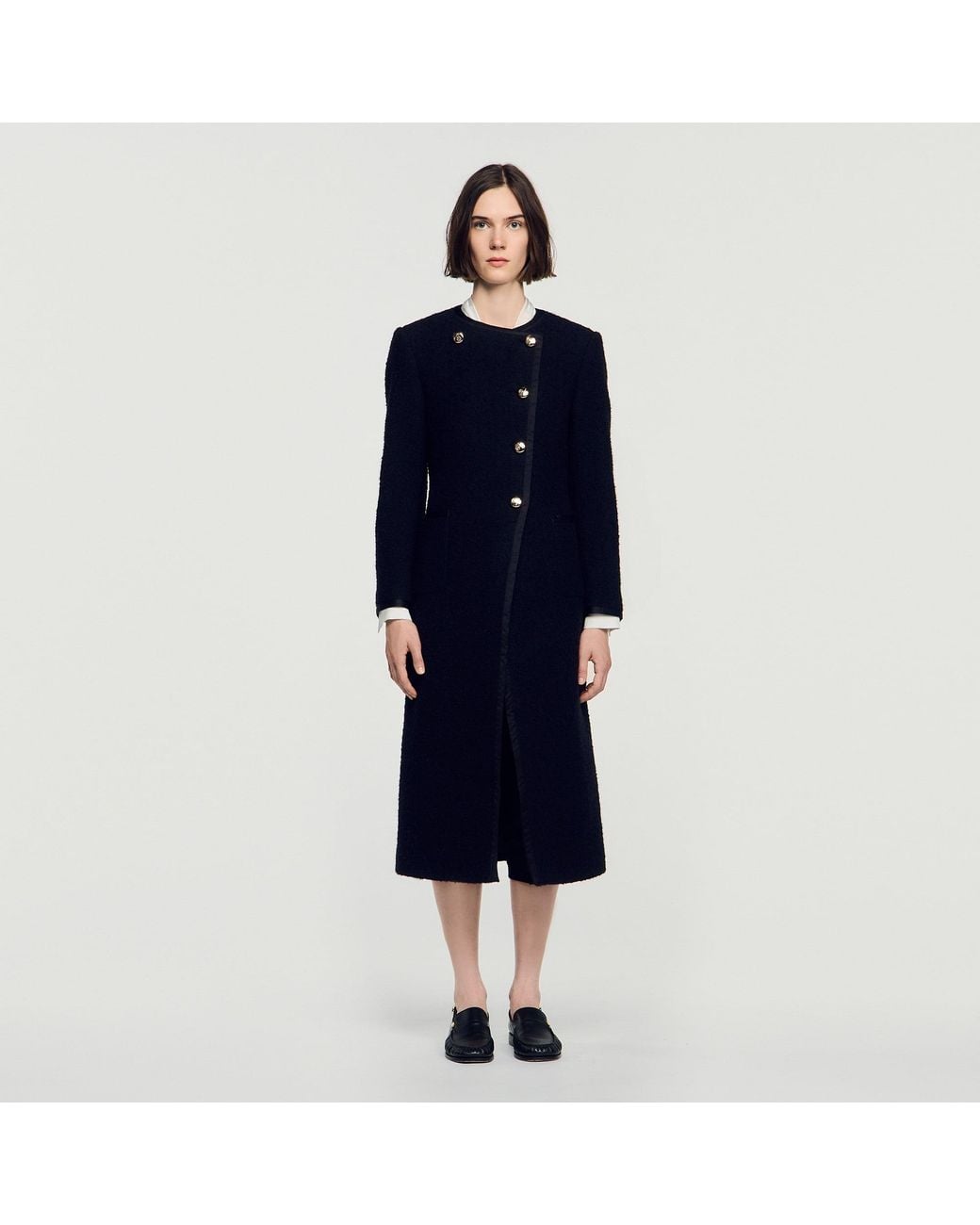 Sandro Blue Tweed Coat With Jewel Buttons