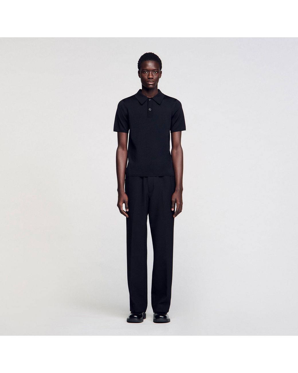 Sandro Black Short-Sleeve Knitted Polo Shirt for men