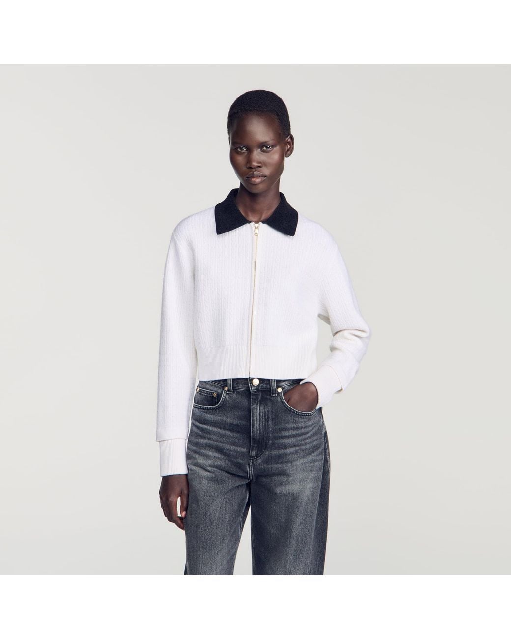 Sandro Blue Cable Knit Velvet Collar Cardigan