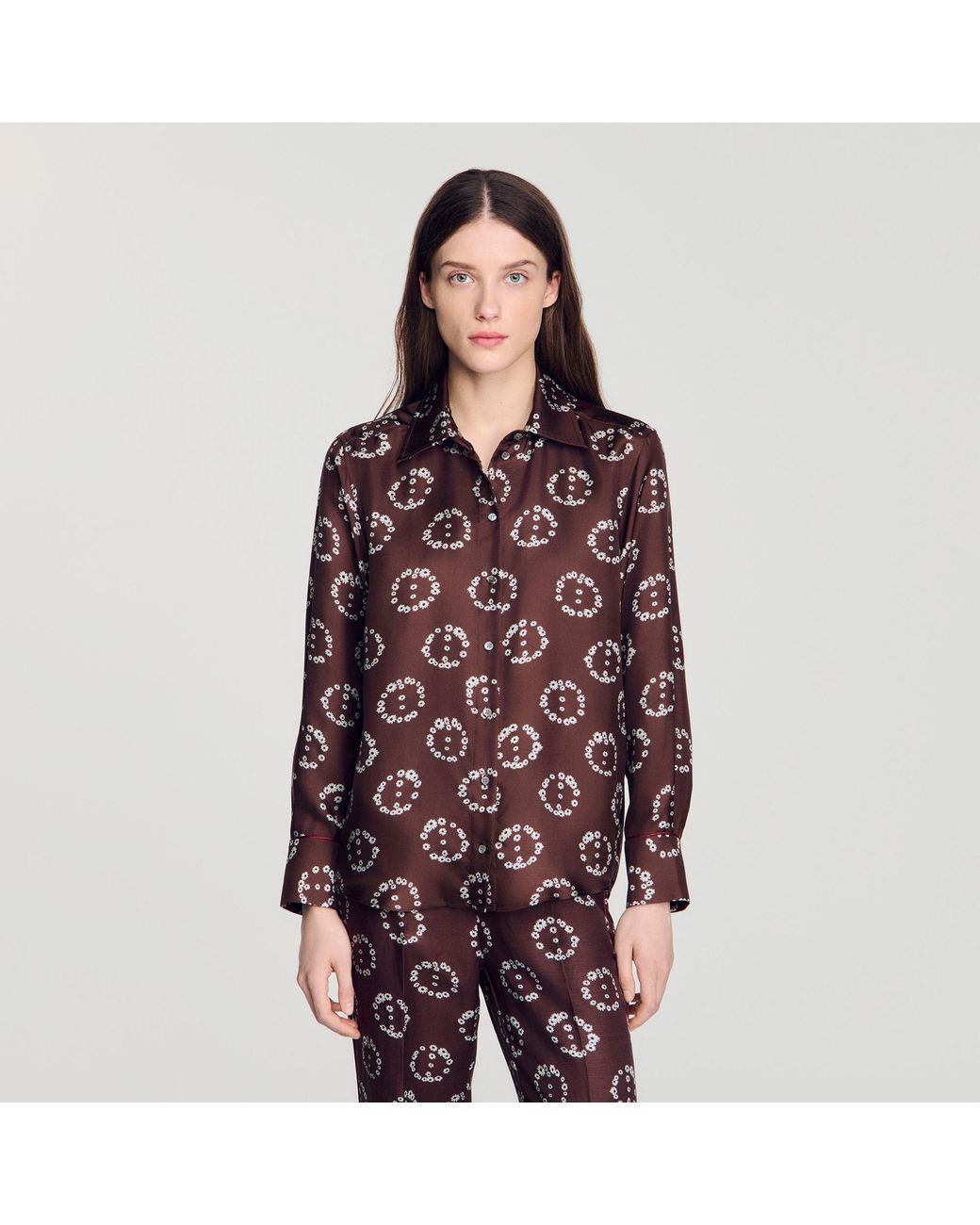 Sandro Brown Floral Print Silk Shirt