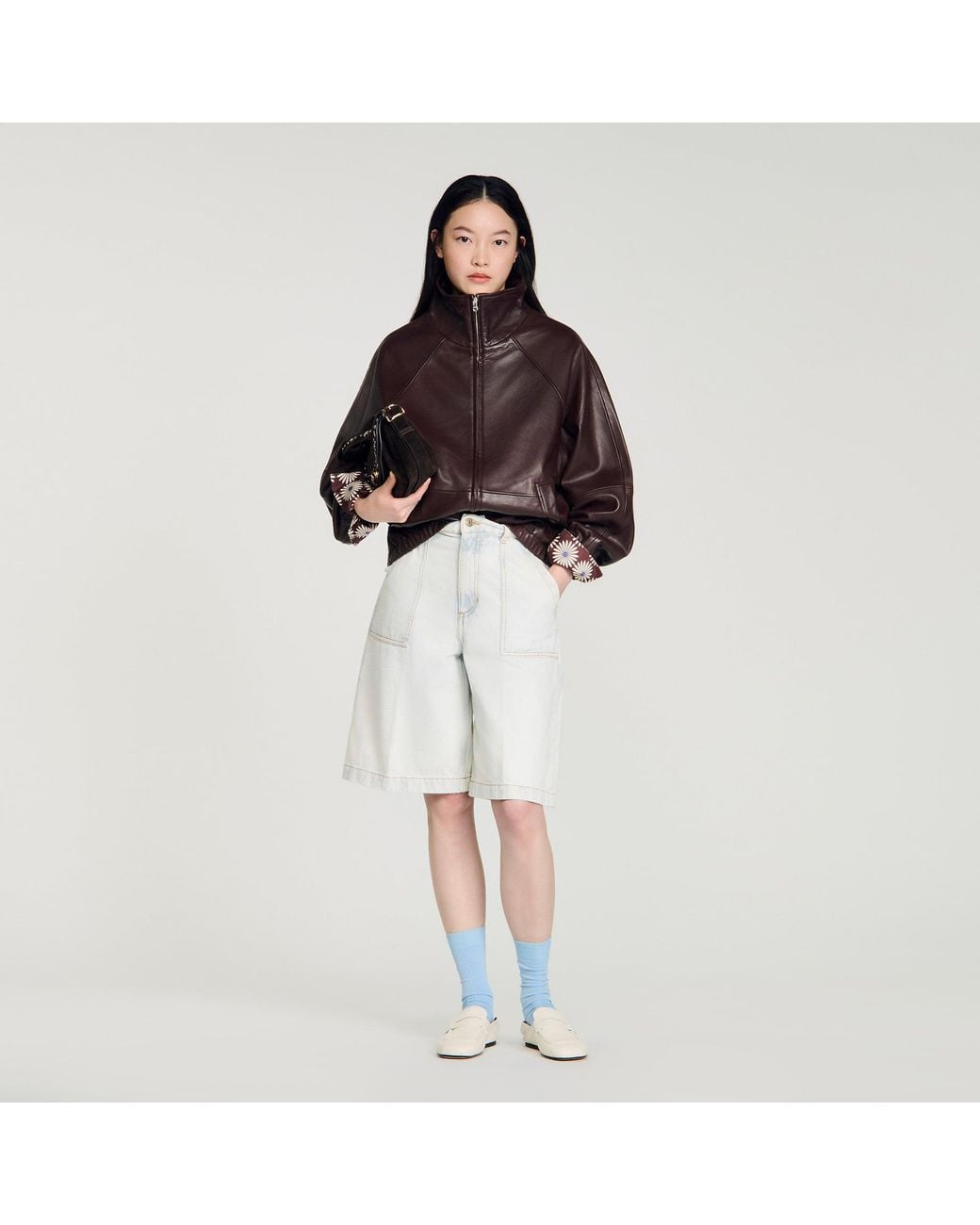 Sandro Brown Oversized Zip-Up Leather Jacket