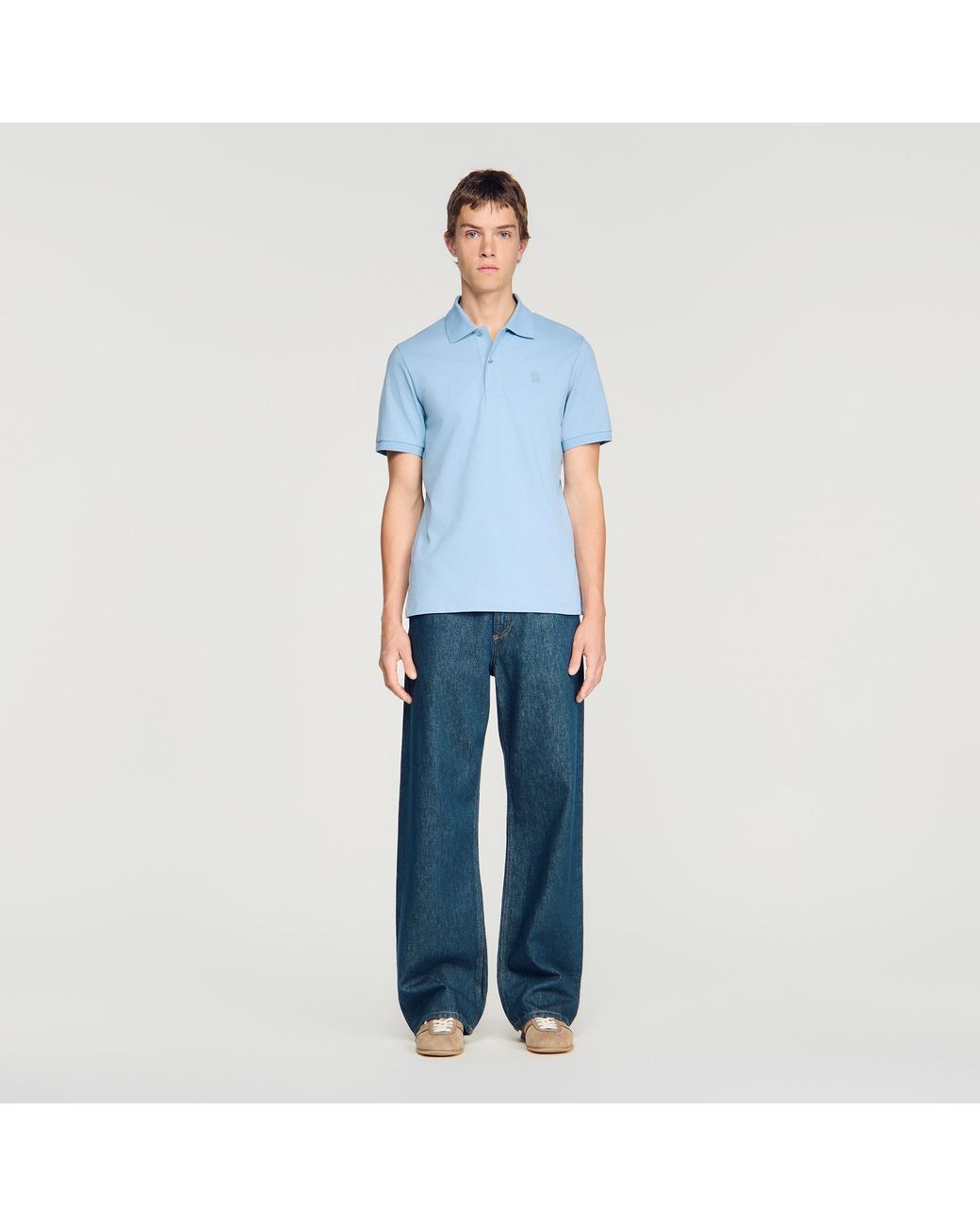 Sandro Blue Cotton Polo Shirt With Leather Logo for men