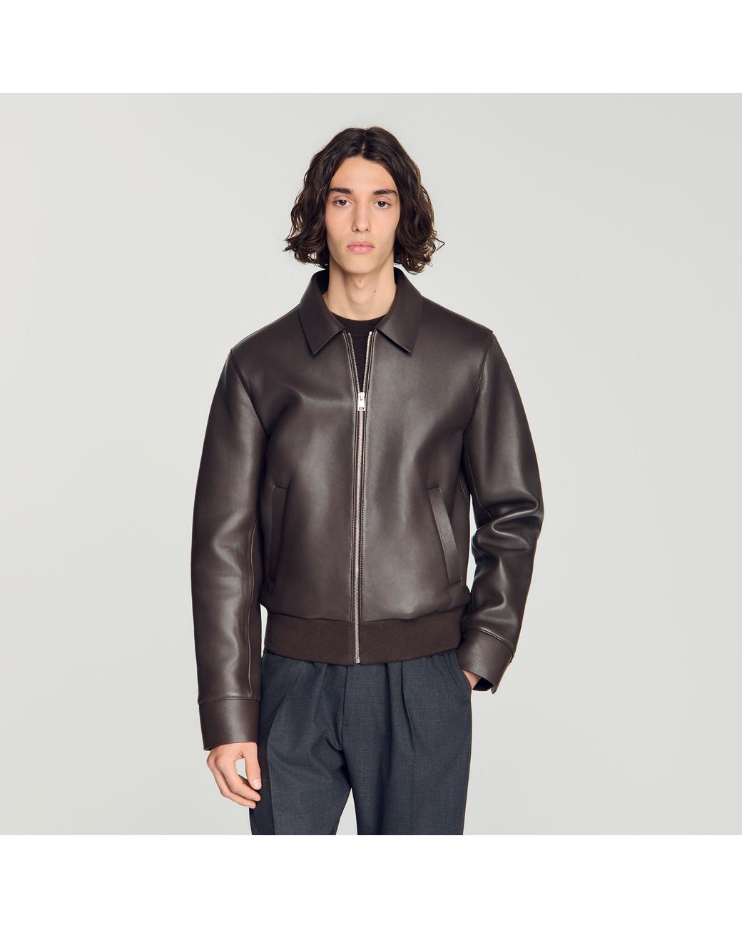 Sandro Black Zip-Up Lambskin Leather Jacket for men