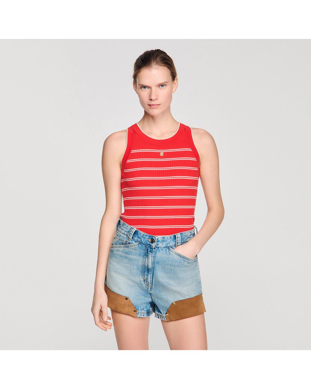 Sandro Red Striped Ribbed Vest Top