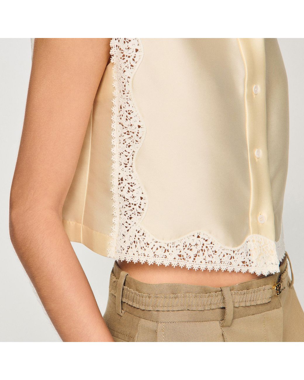 Sandro Natural Cropped Shirt With Lace Detail