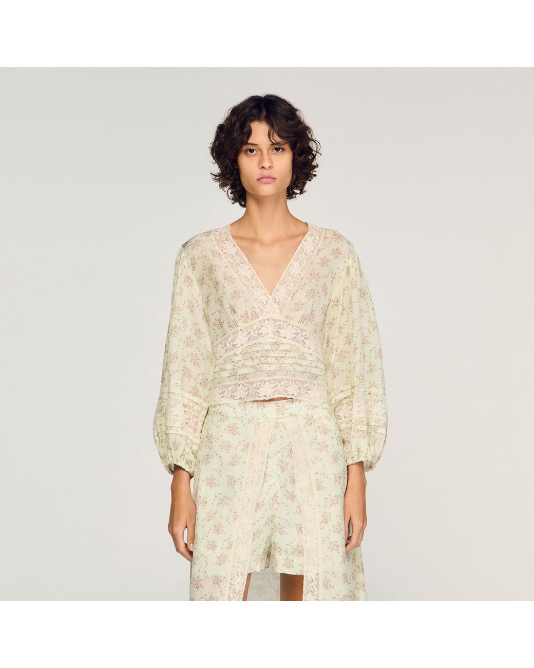 Sandro Natural Floral Crop Top