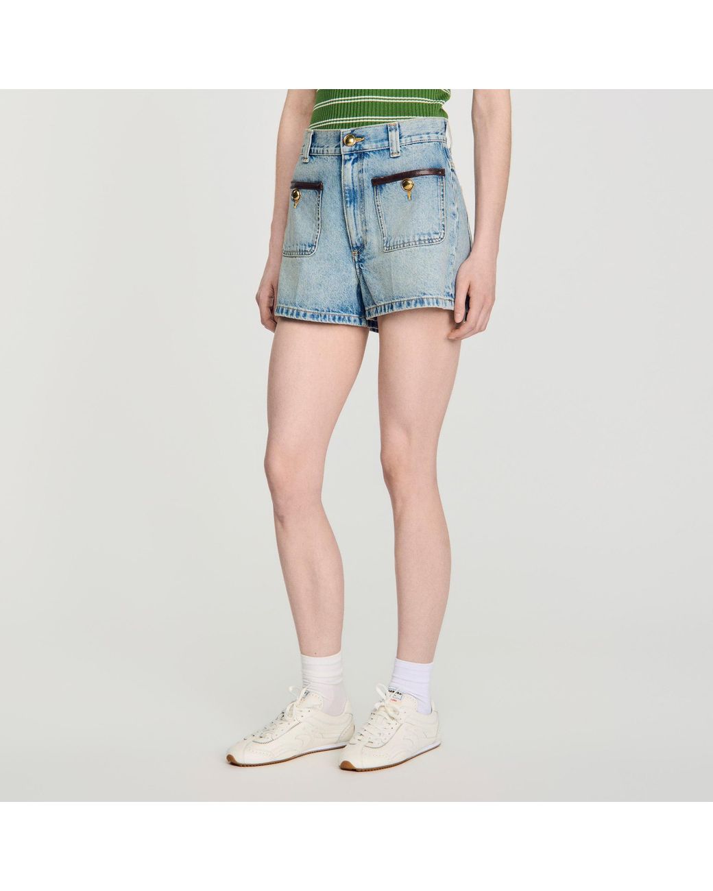 Sandro Blue Denim Shorts With Leather Detail