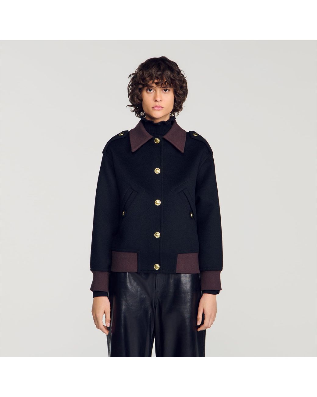 Sandro Blue Short Coat With Contrast Collar
