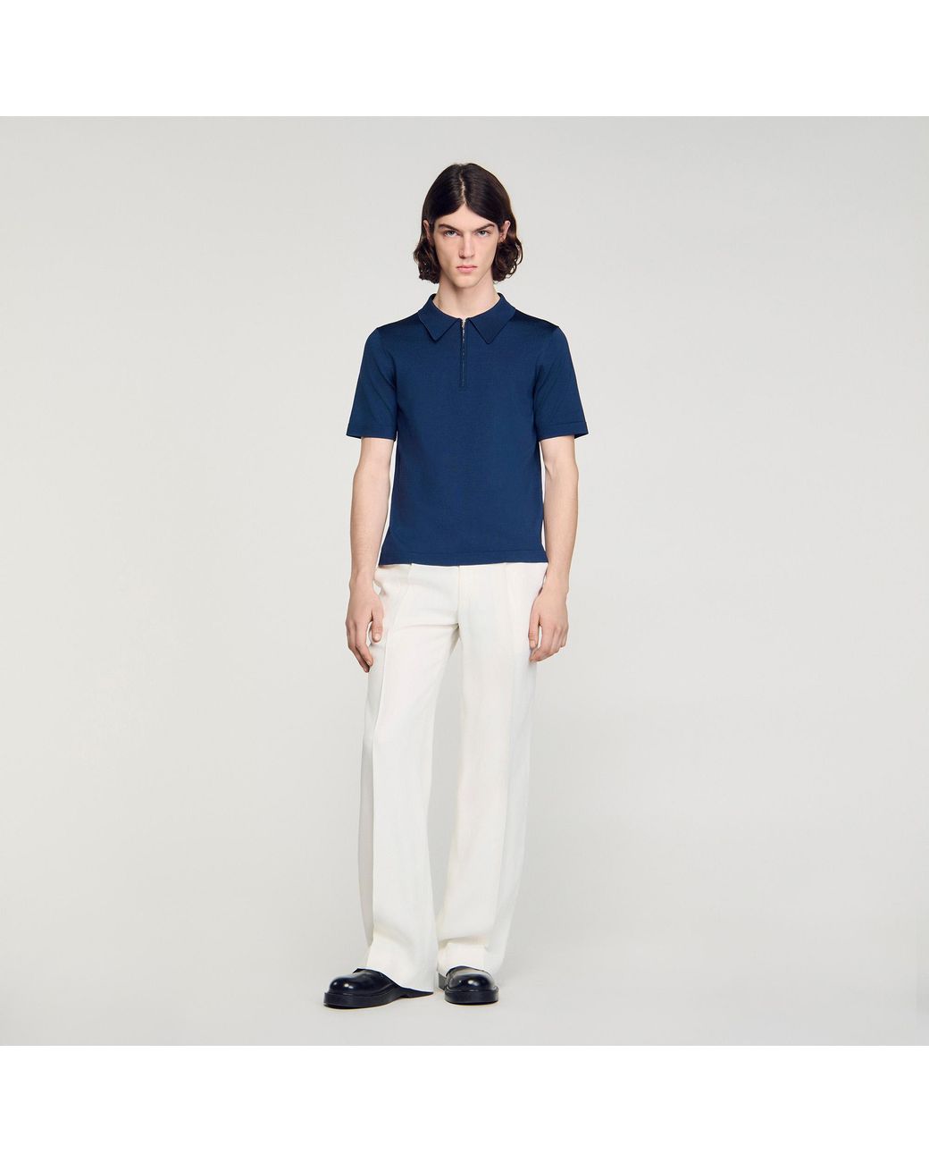 Sandro Blue Knitted Polo Shirt With Zip Collar for men
