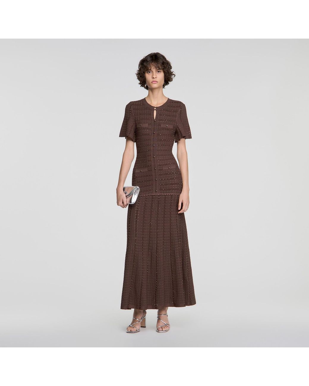 Sandro Brown Rhinestone Knit Maxi Dress