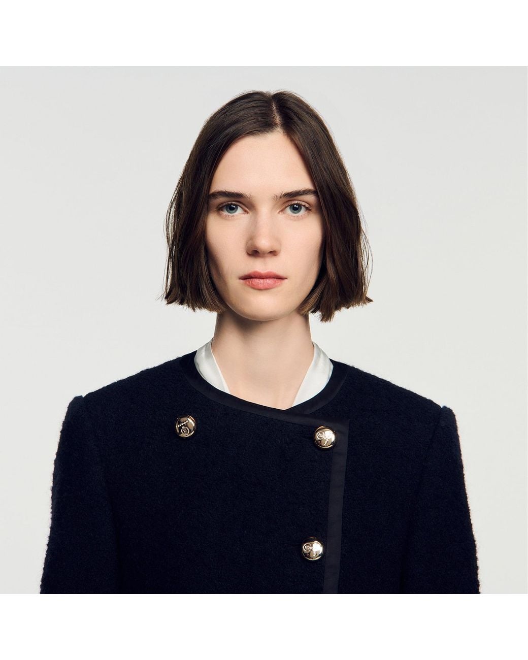 Sandro Blue Tweed Coat With Jewel Buttons