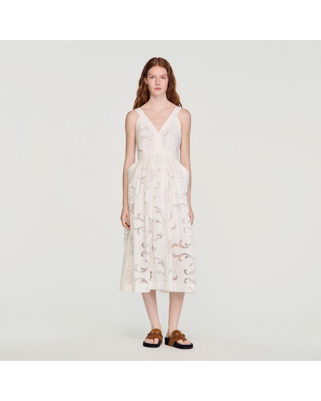 Sandro Natural Openwork Floral Cotton Maxi Dress