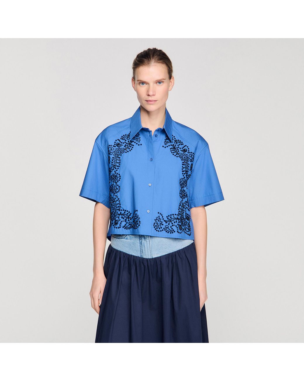 Sandro Blue Embroidered And Beaded Shirt