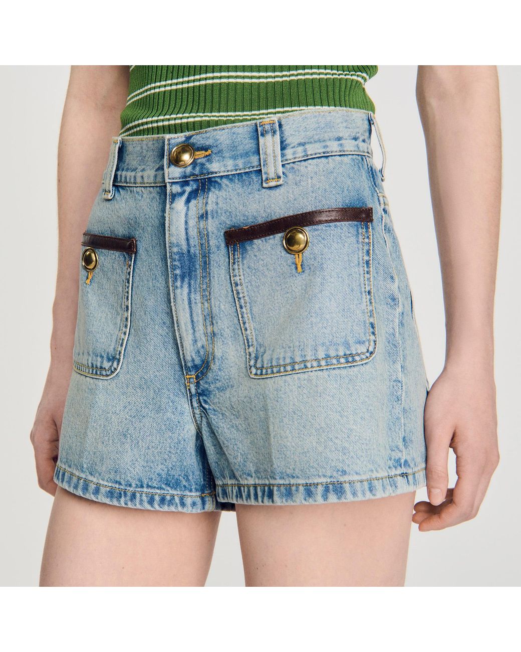 Sandro Blue Denim Shorts With Leather Detail