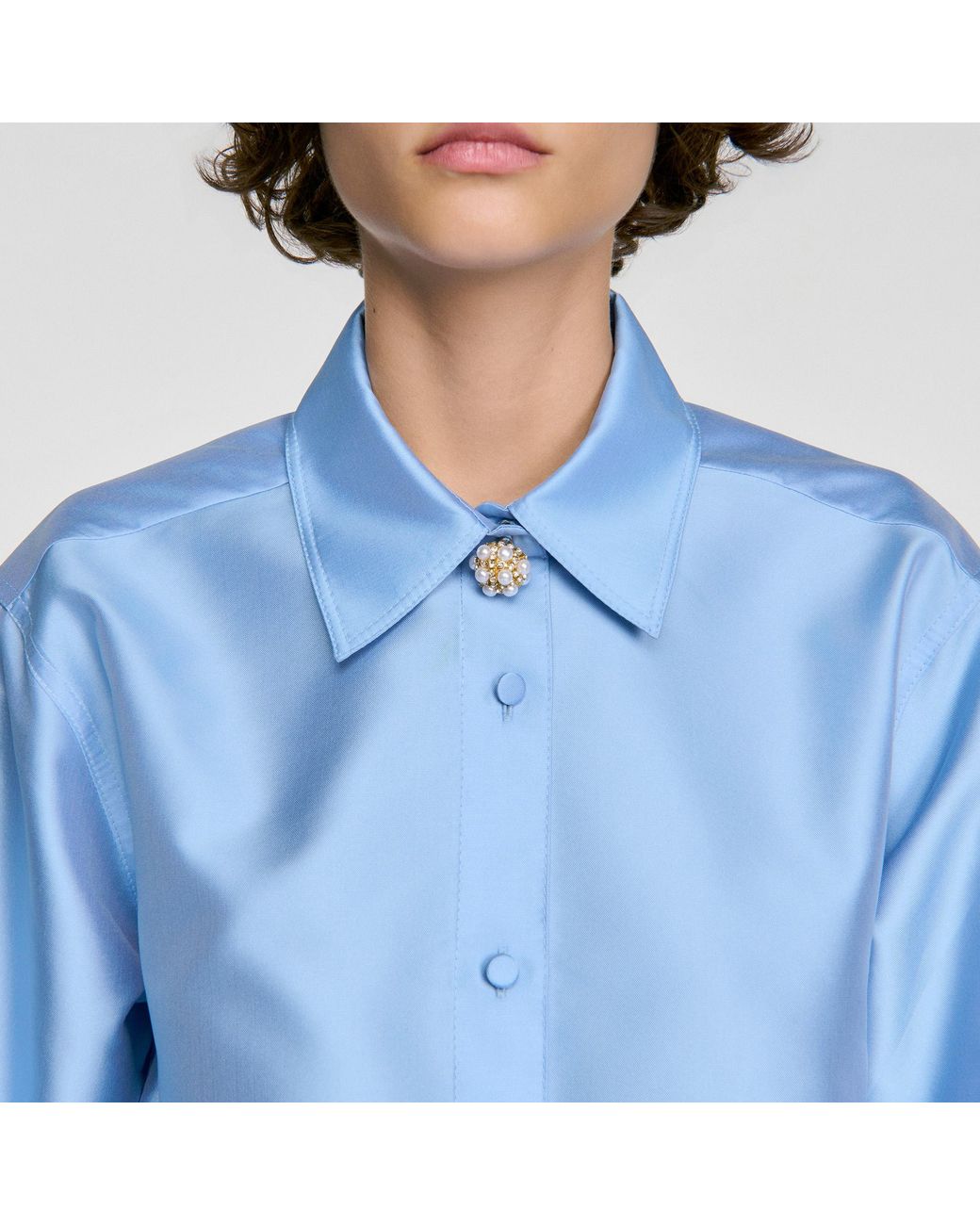 Sandro Blue Jewelry Detail Satin Shirt