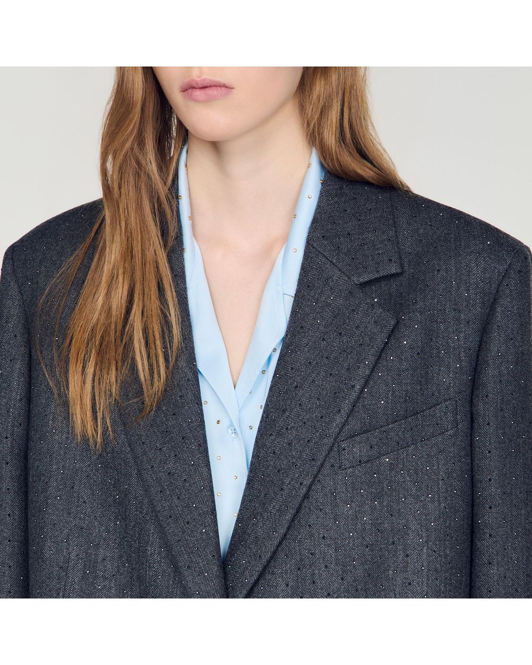 Sandro Blue Long Wool Coat With Rhinestones