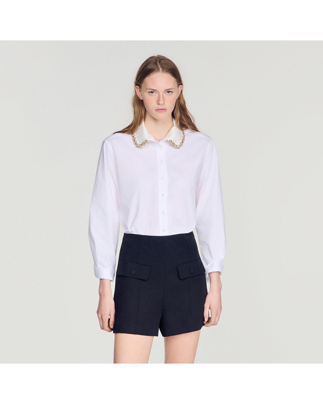 Sandro Blue Cropped Jewel Collar Shirt