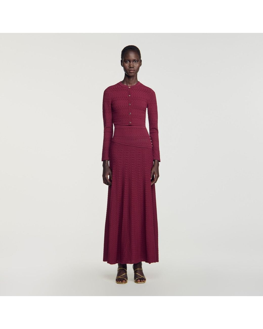 Sandro Red Cropped Pointelle Knit Cardigan