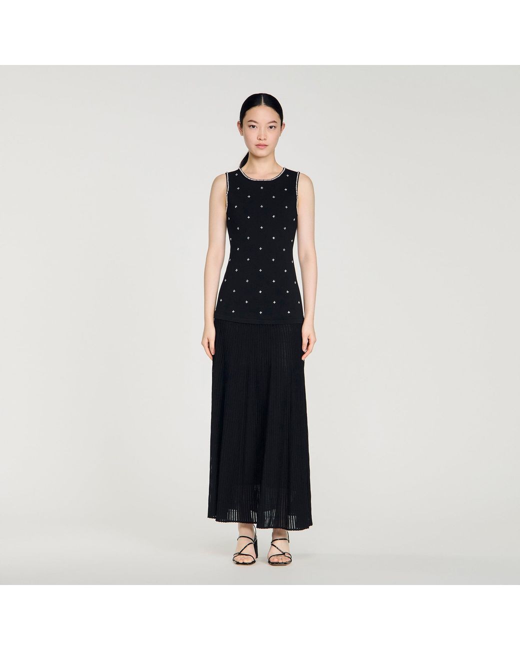Sandro Black Rhinestone Flower Print Maxi Dress