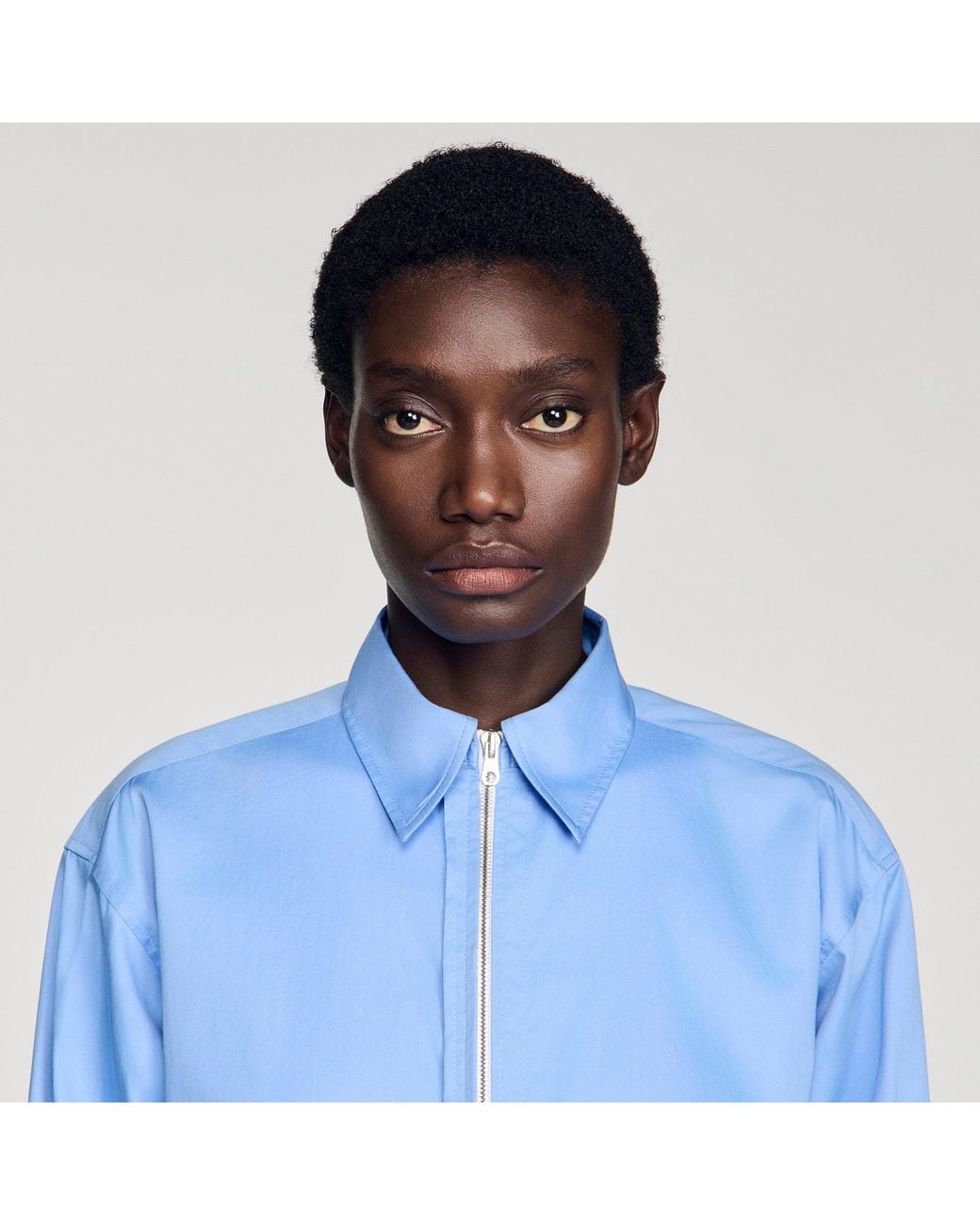 Sandro Blue Cropped Logo Zip Cotton Shirt