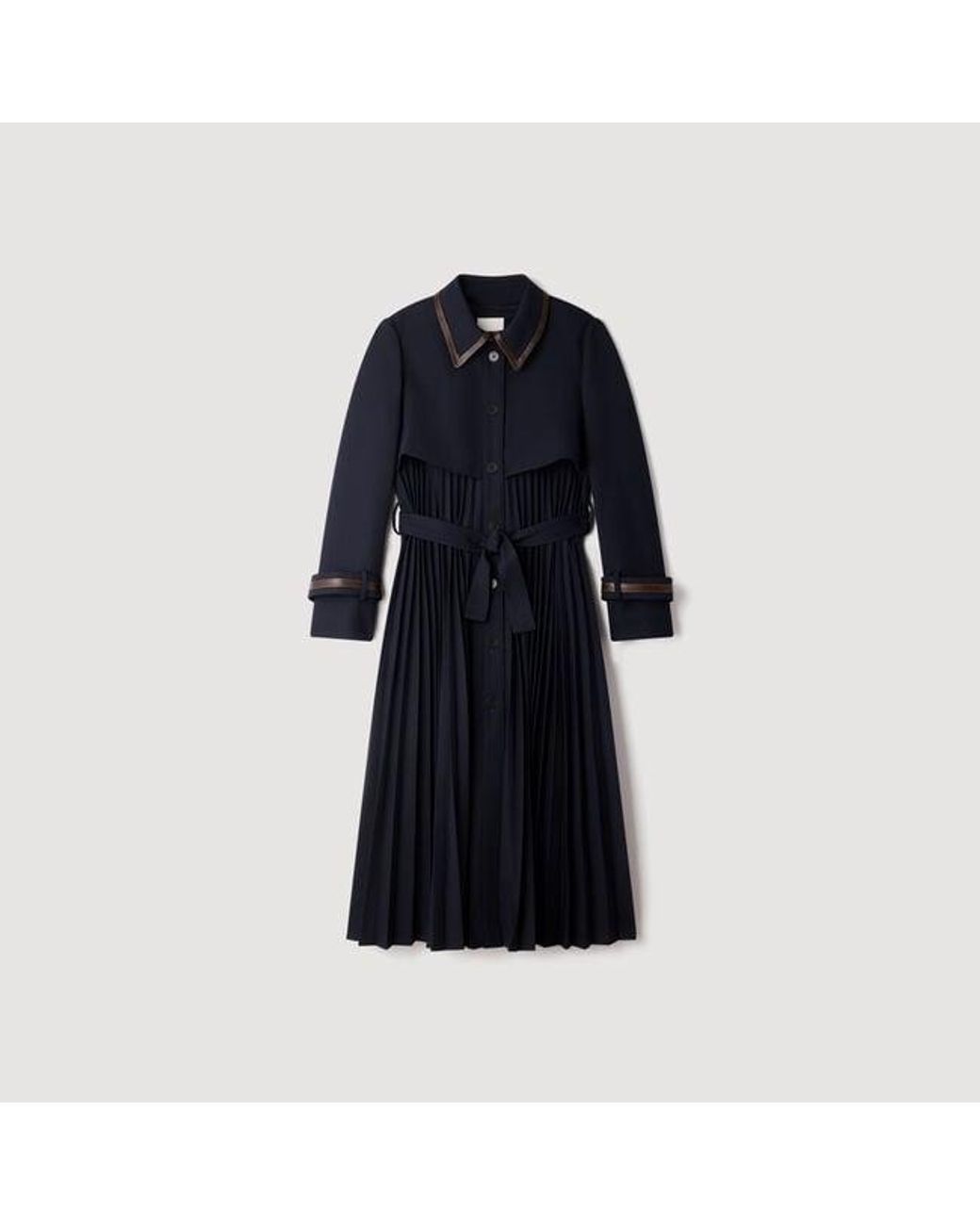 Sandro Blue Trench With Pleated Leather Collar