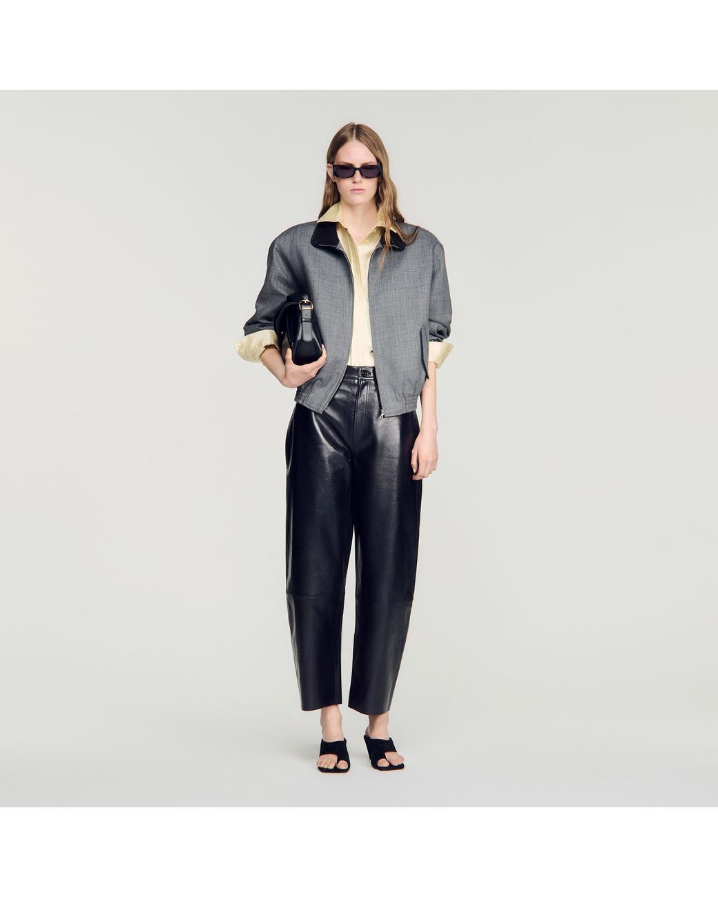 Sandro Blue Leather Barrel-Leg Trousers