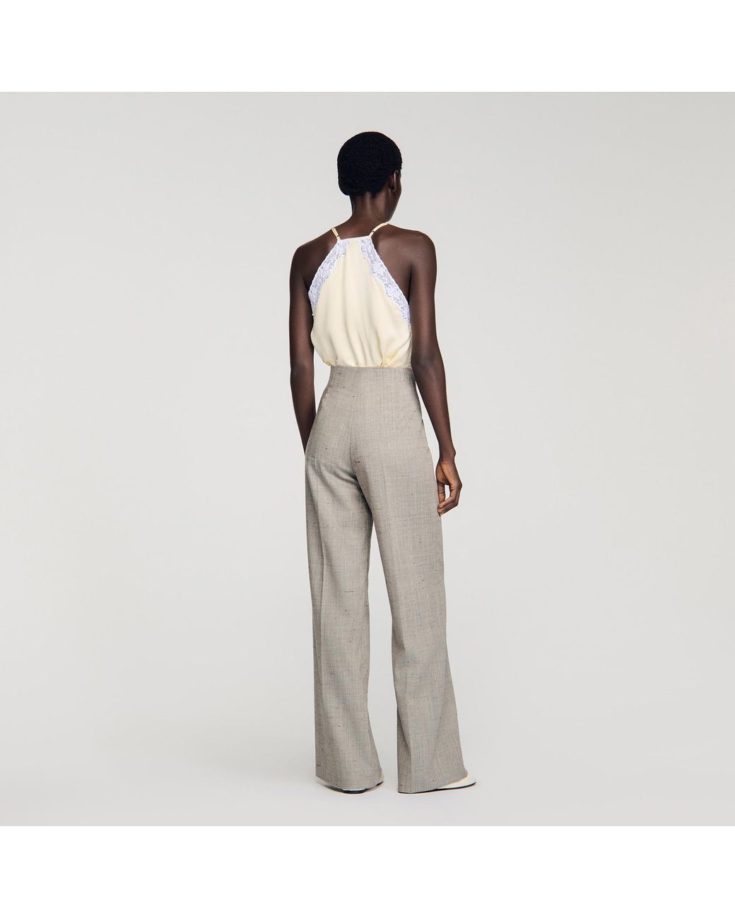 Sandro White Wide-Leg Check Wool Trousers