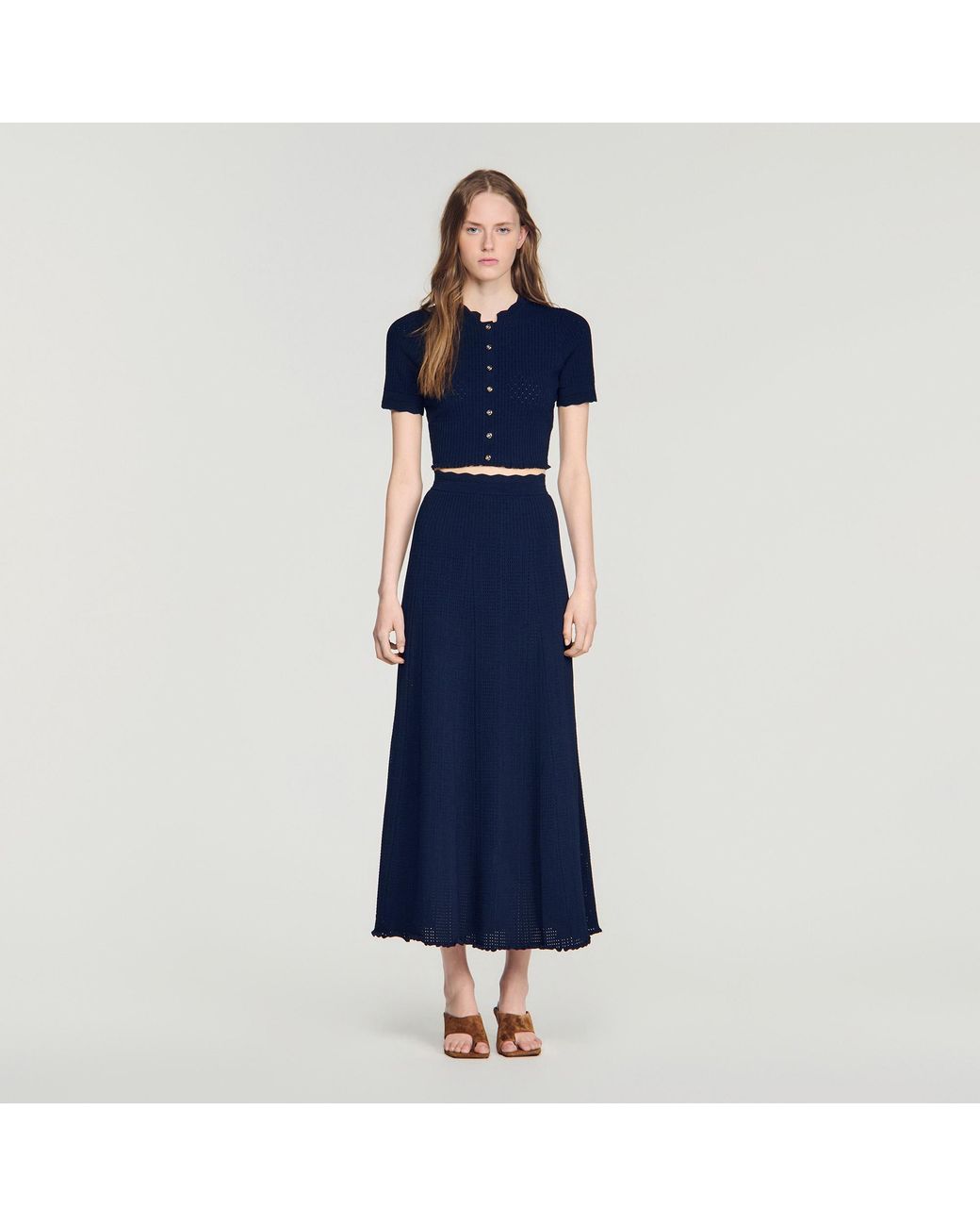 Sandro Blue Cropped Pointelle Knit Cardigan