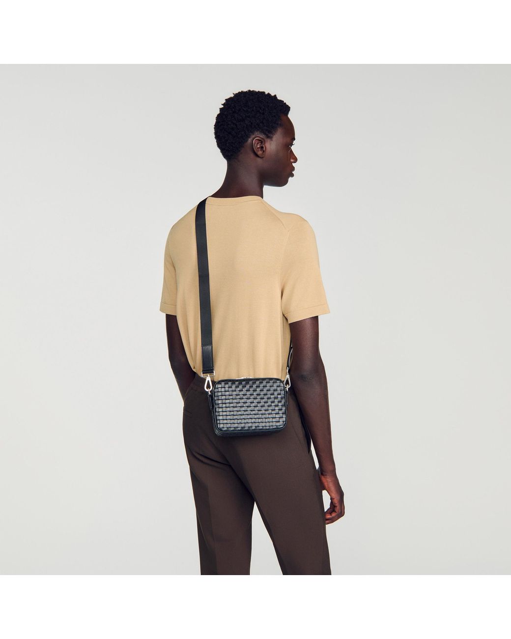 Sandro Black Small Woven Leather Bag for men