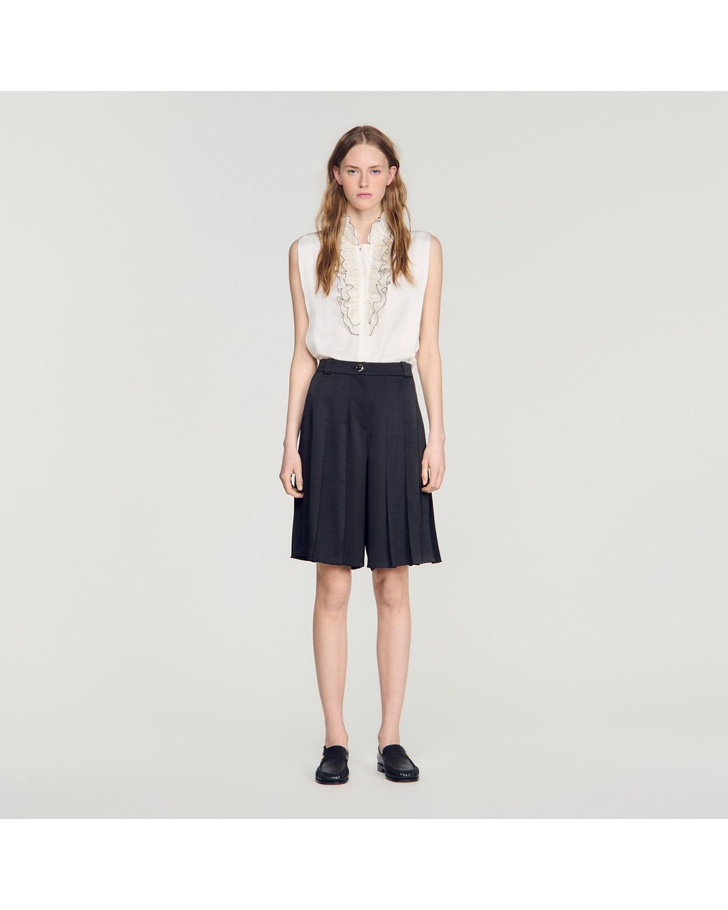 Sandro Blue Long High-Waisted Pleated Shorts