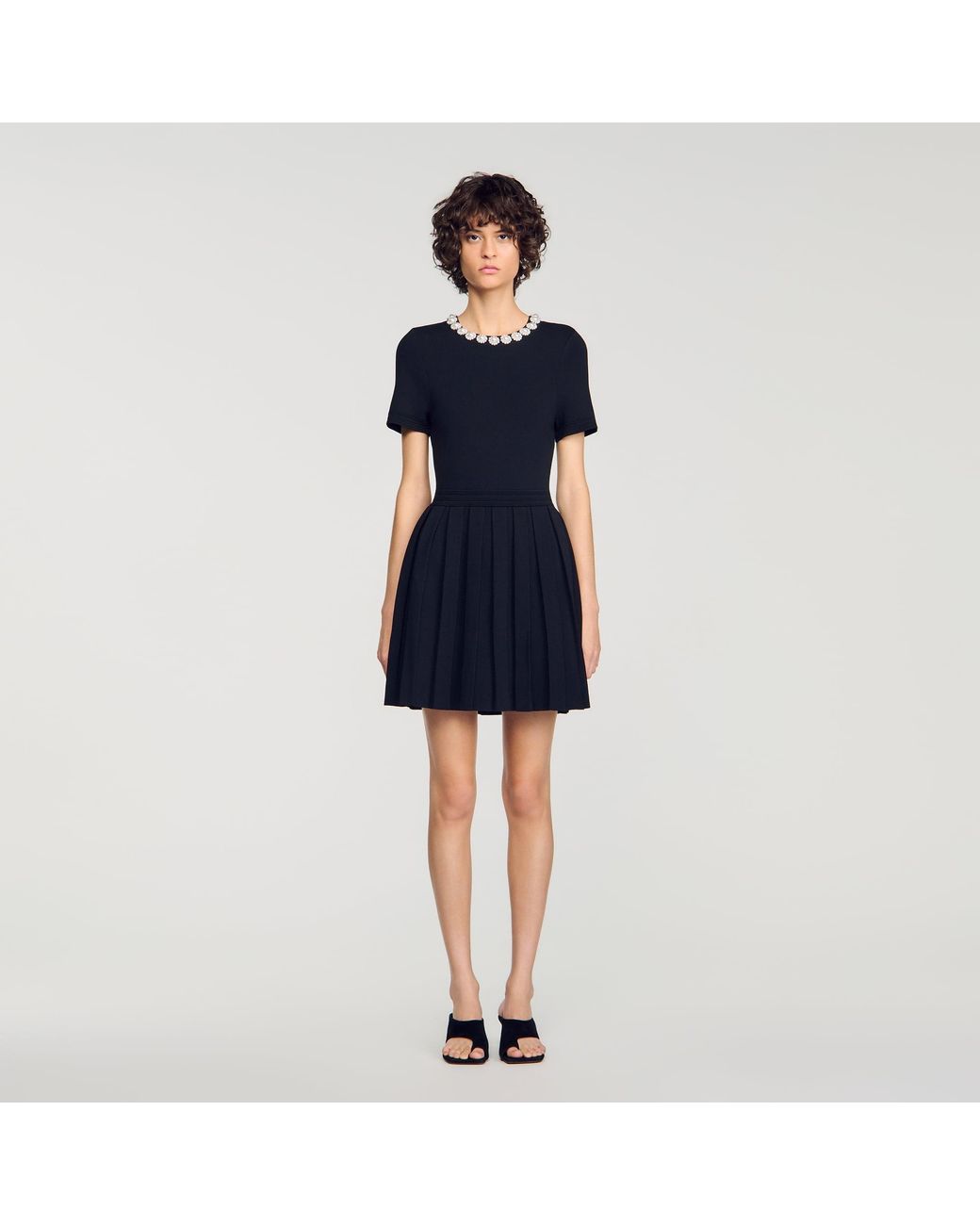 Sandro Blue Short Dress With Beaded Flowers