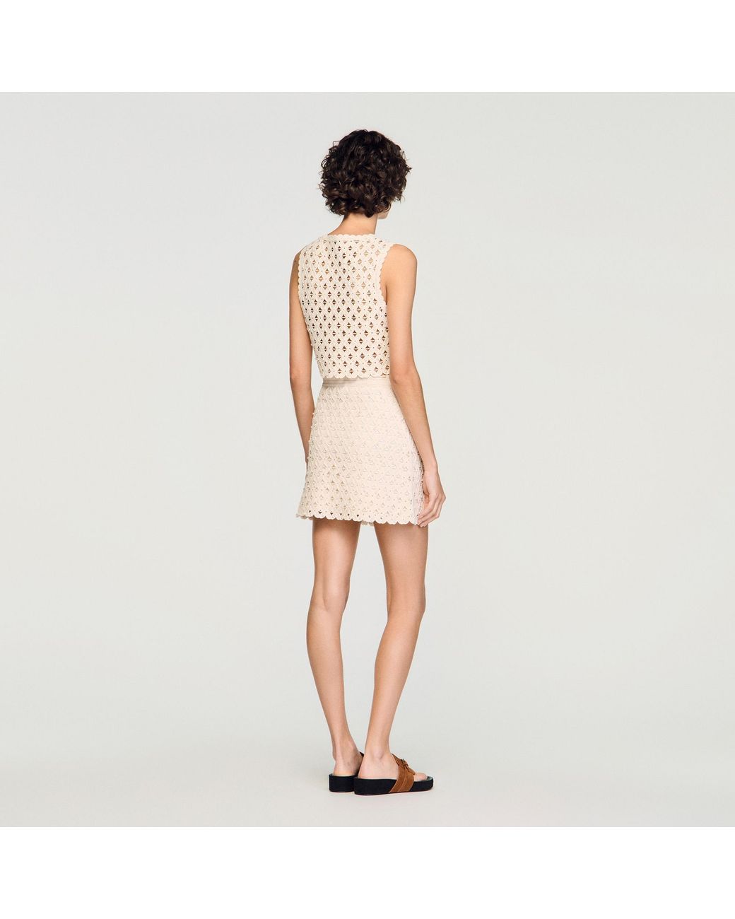 Sandro Natural Short Beaded Crochet Skirt