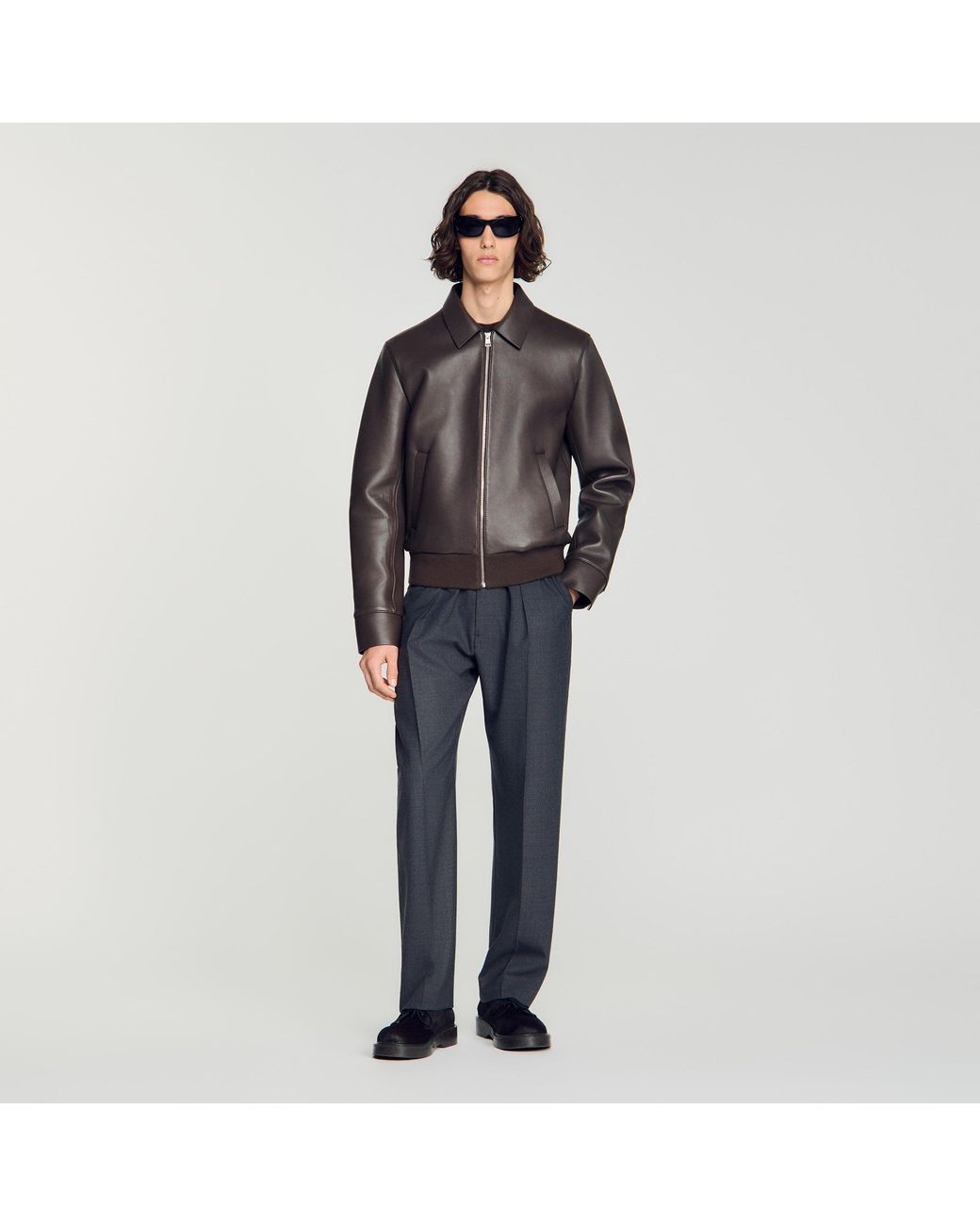 Sandro Black Zip-Up Lambskin Leather Jacket for men