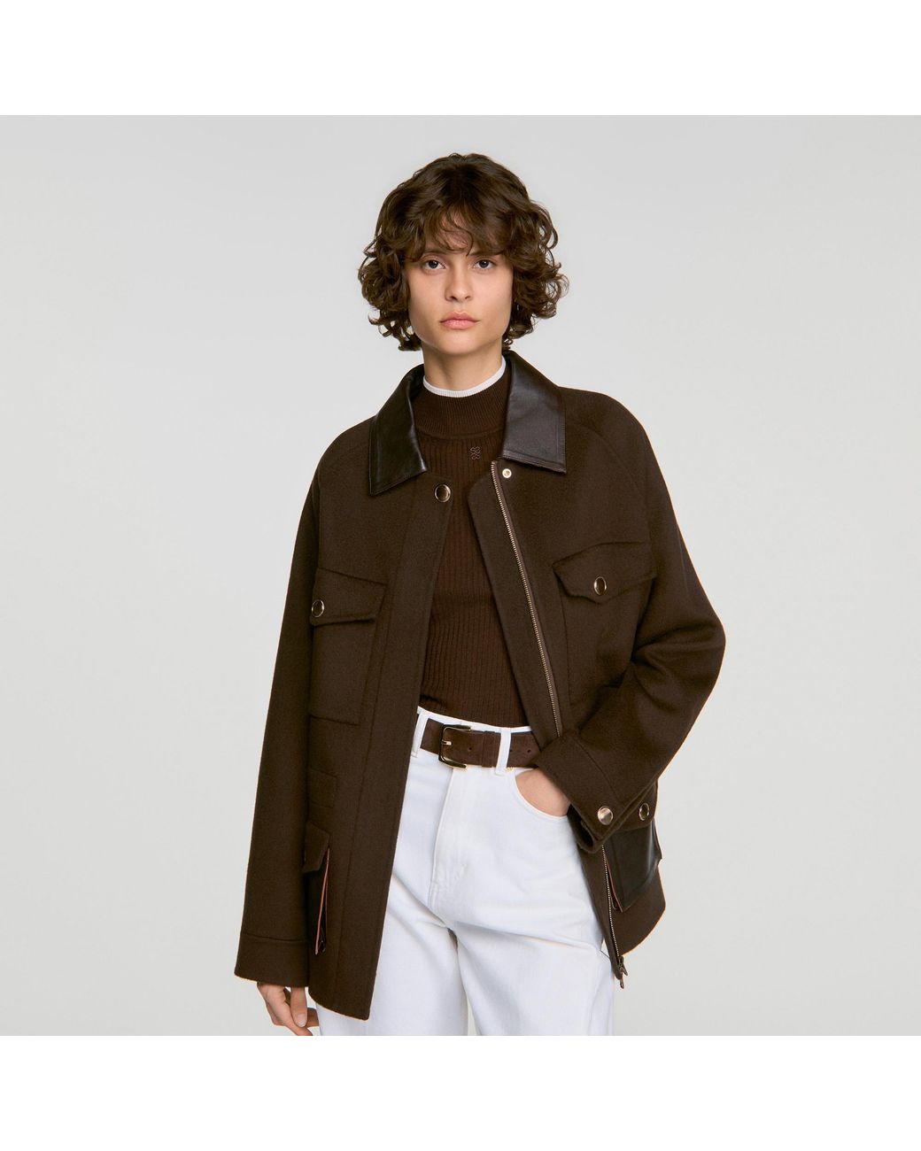 Sandro Red Double-Faced Coat, Leather Collar