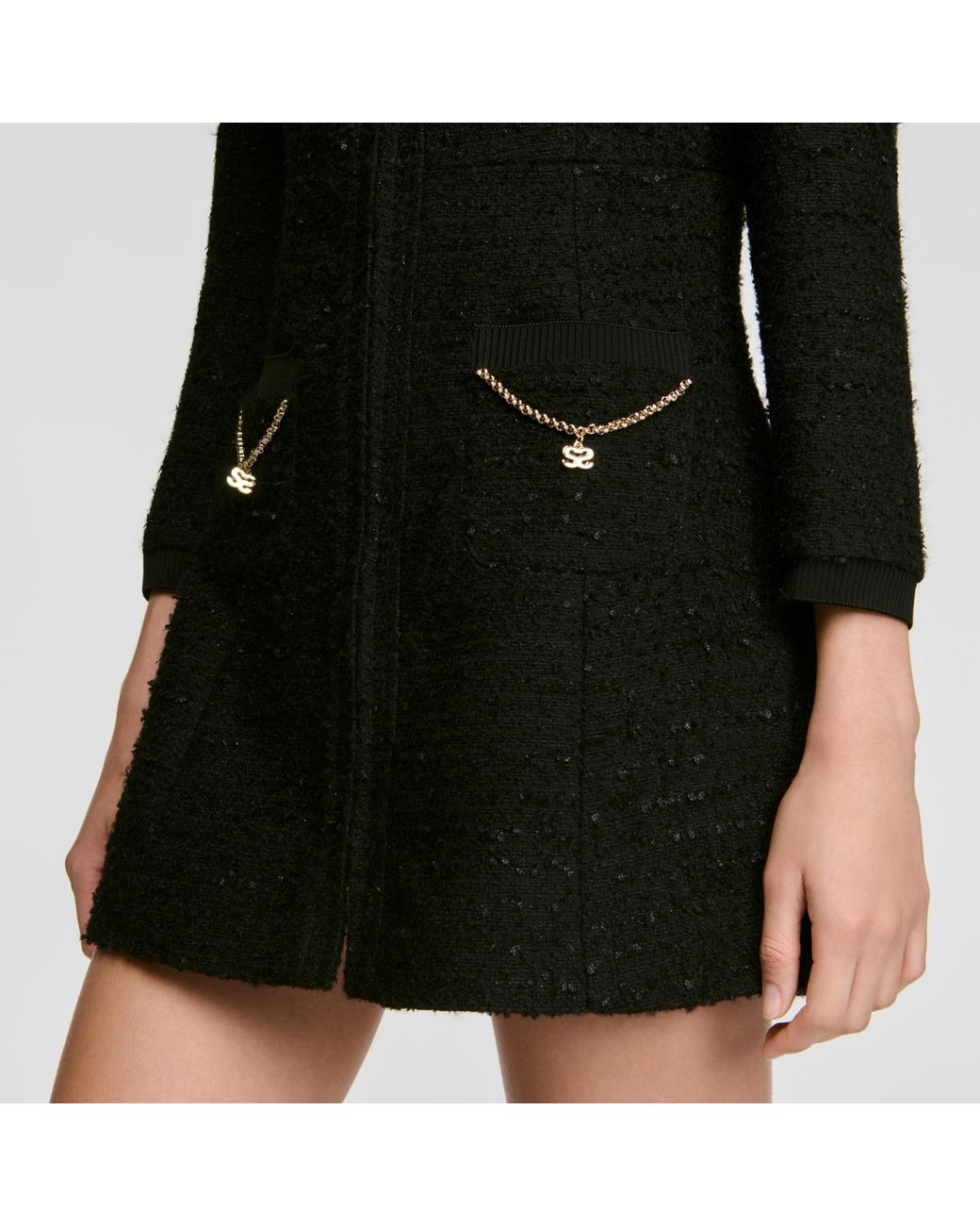 Sandro Black Tweed Dress With Metal Chain