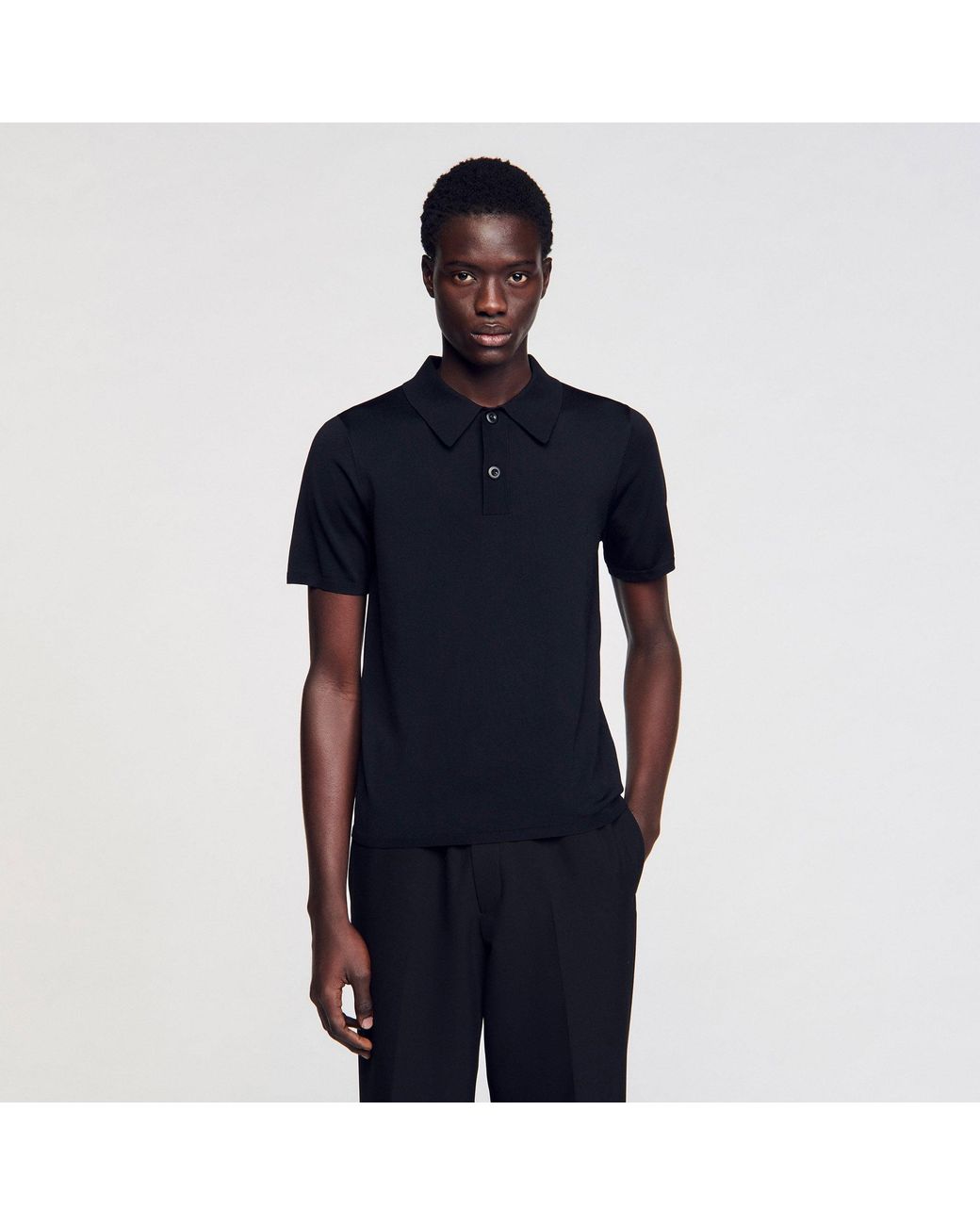 Sandro Black Short-Sleeve Knitted Polo Shirt for men