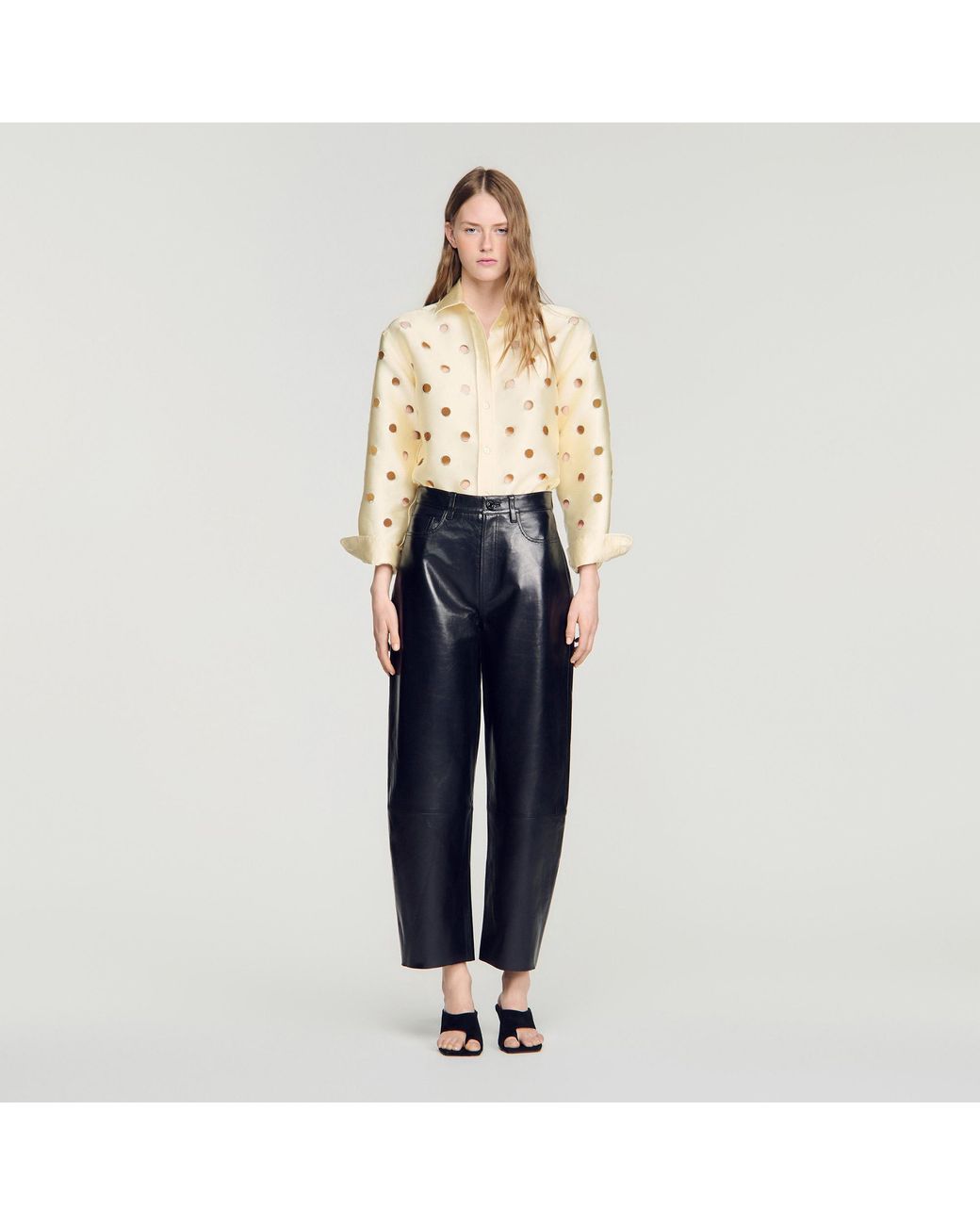 Sandro Blue Leather Barrel-Leg Trousers