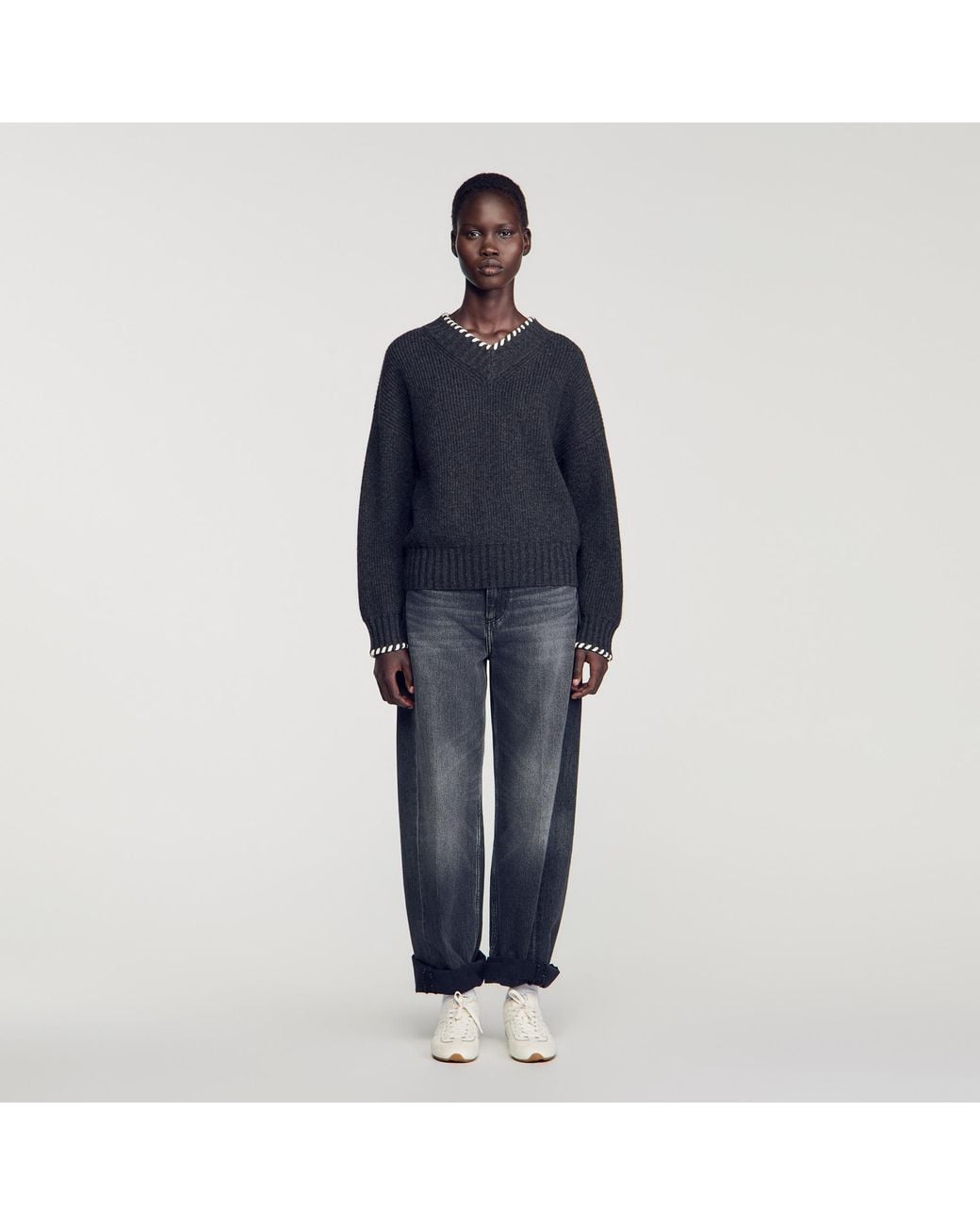 Sandro Blue Braided V-Neck Sweater