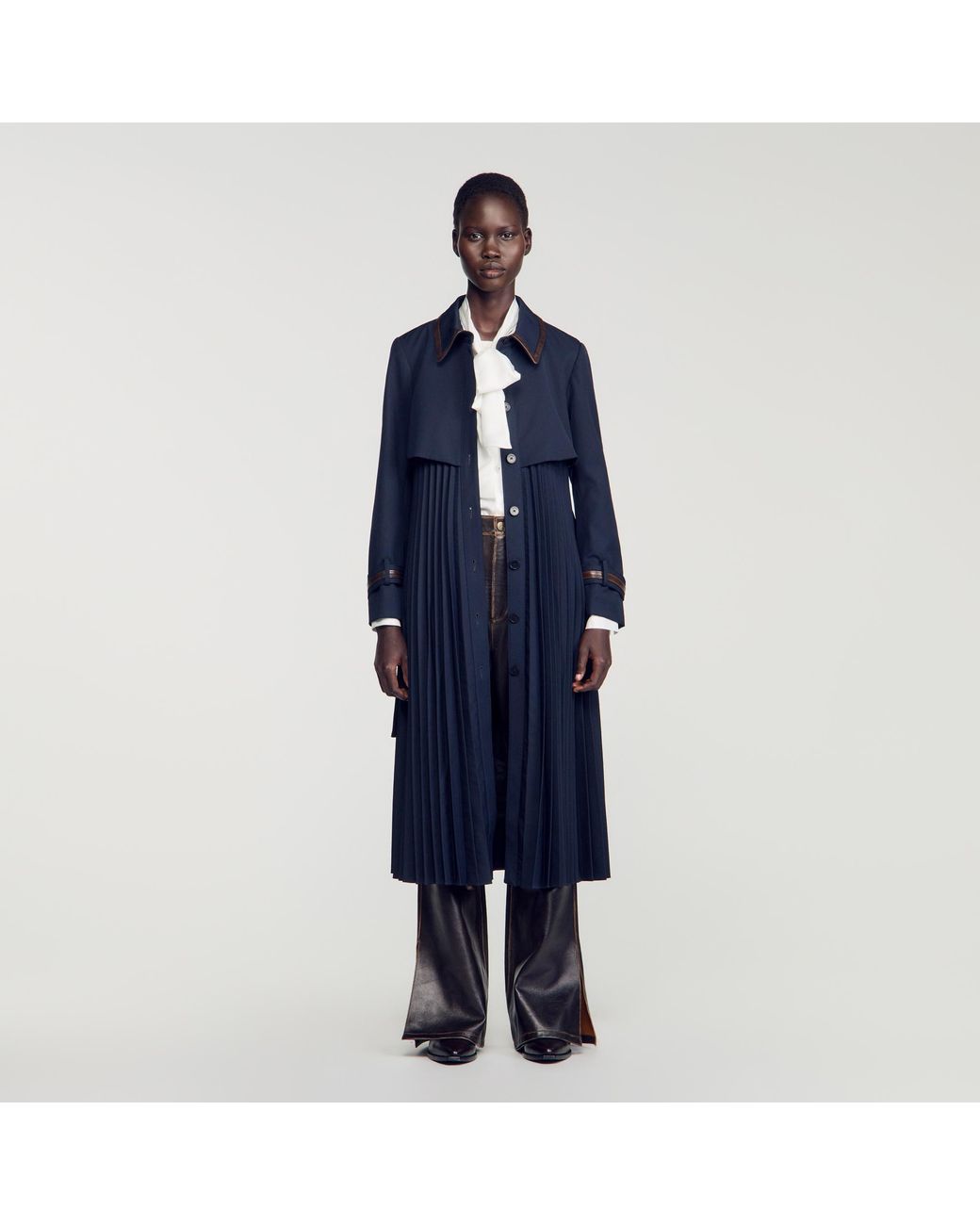 Sandro Blue Trench With Pleated Leather Collar