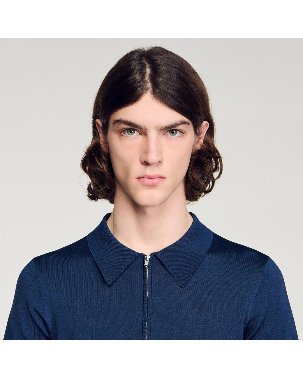 Sandro Blue Knitted Polo Shirt With Zip Collar for men