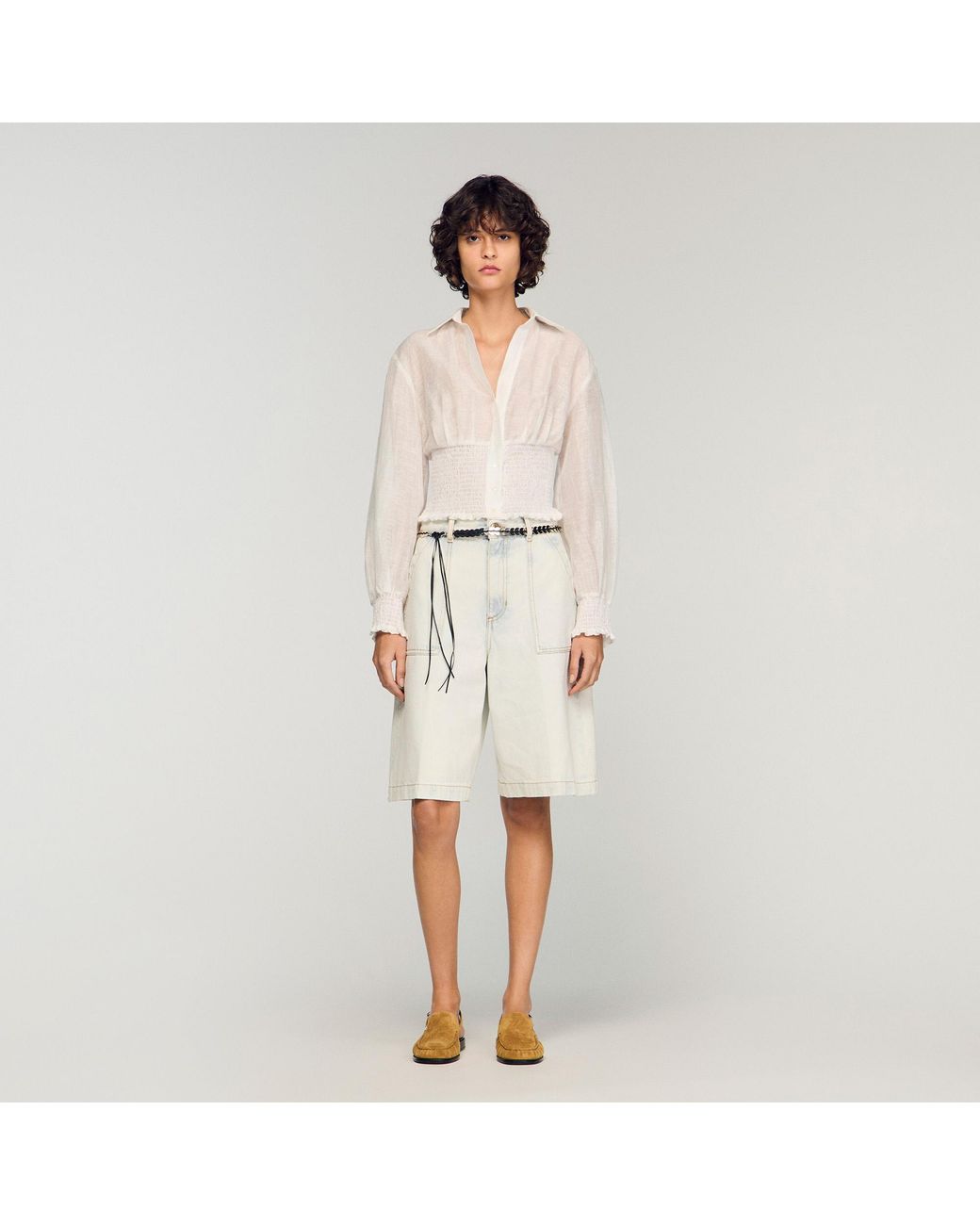 Sandro Natural Smocked Linen Shirt